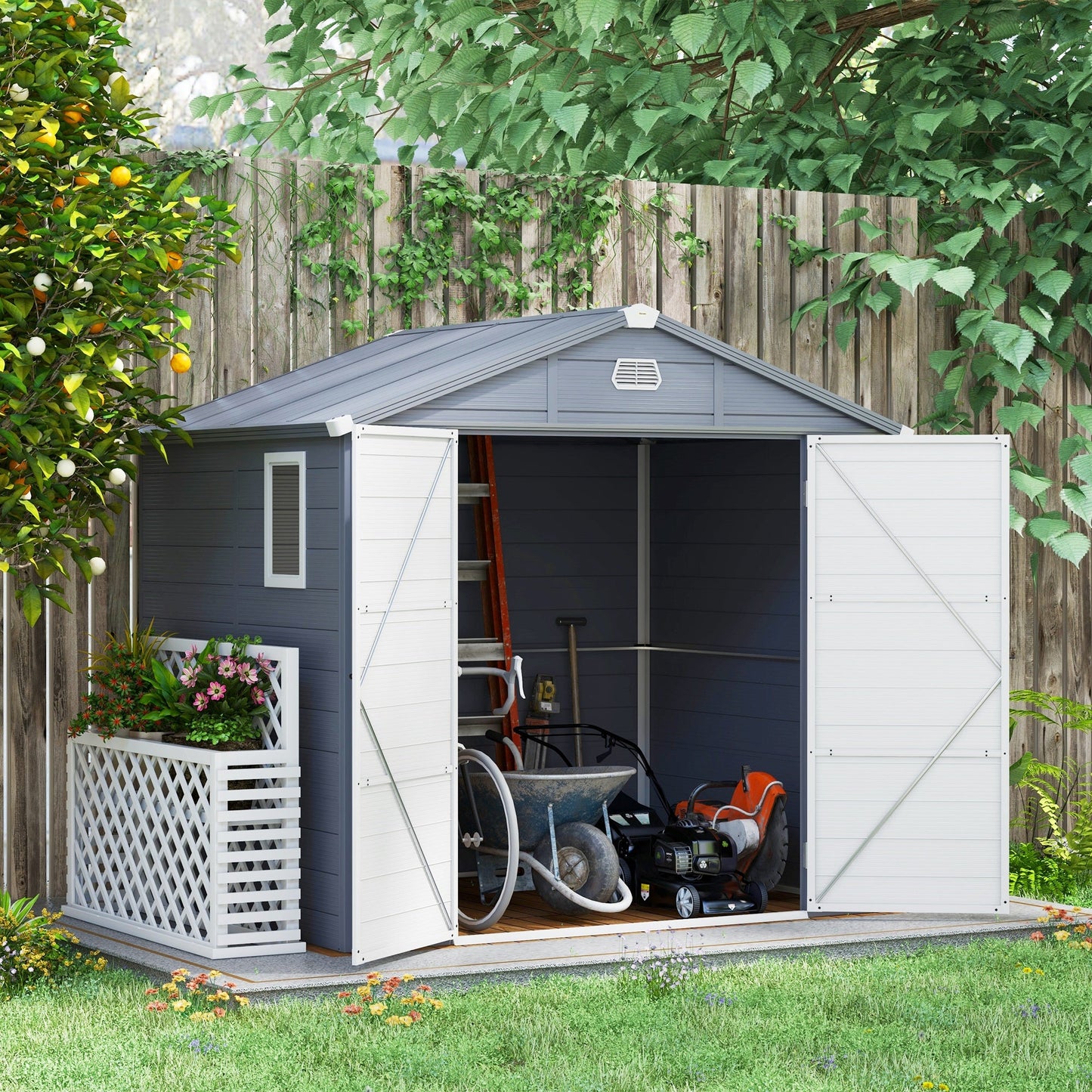8' x 6' Garden Storage Shed, Outdoor Storage Patio Shed with Aluminum Frame, Galvanized Foundation Kit, Latched Door, Air Vents, Window for Backyard, Lawn, Light Grey