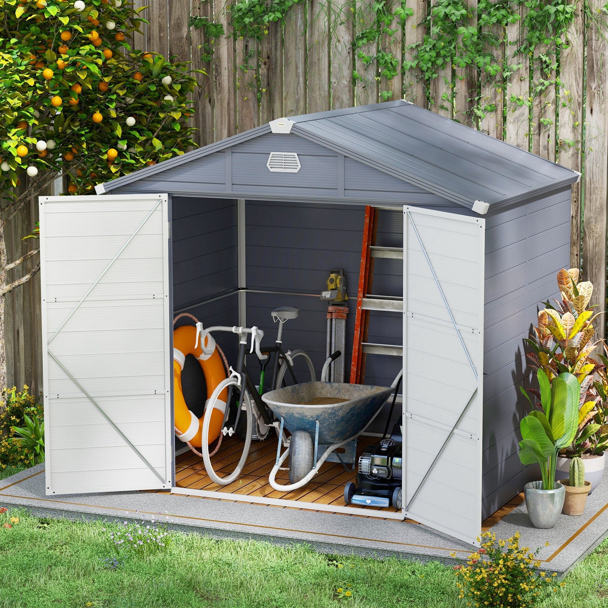 8' x 6' Garden Storage Shed, Outdoor Storage Patio Shed with Aluminum Frame, Galvanized Foundation Kit, Latched Door, Air Vents, Window for Backyard, Lawn, Light Grey