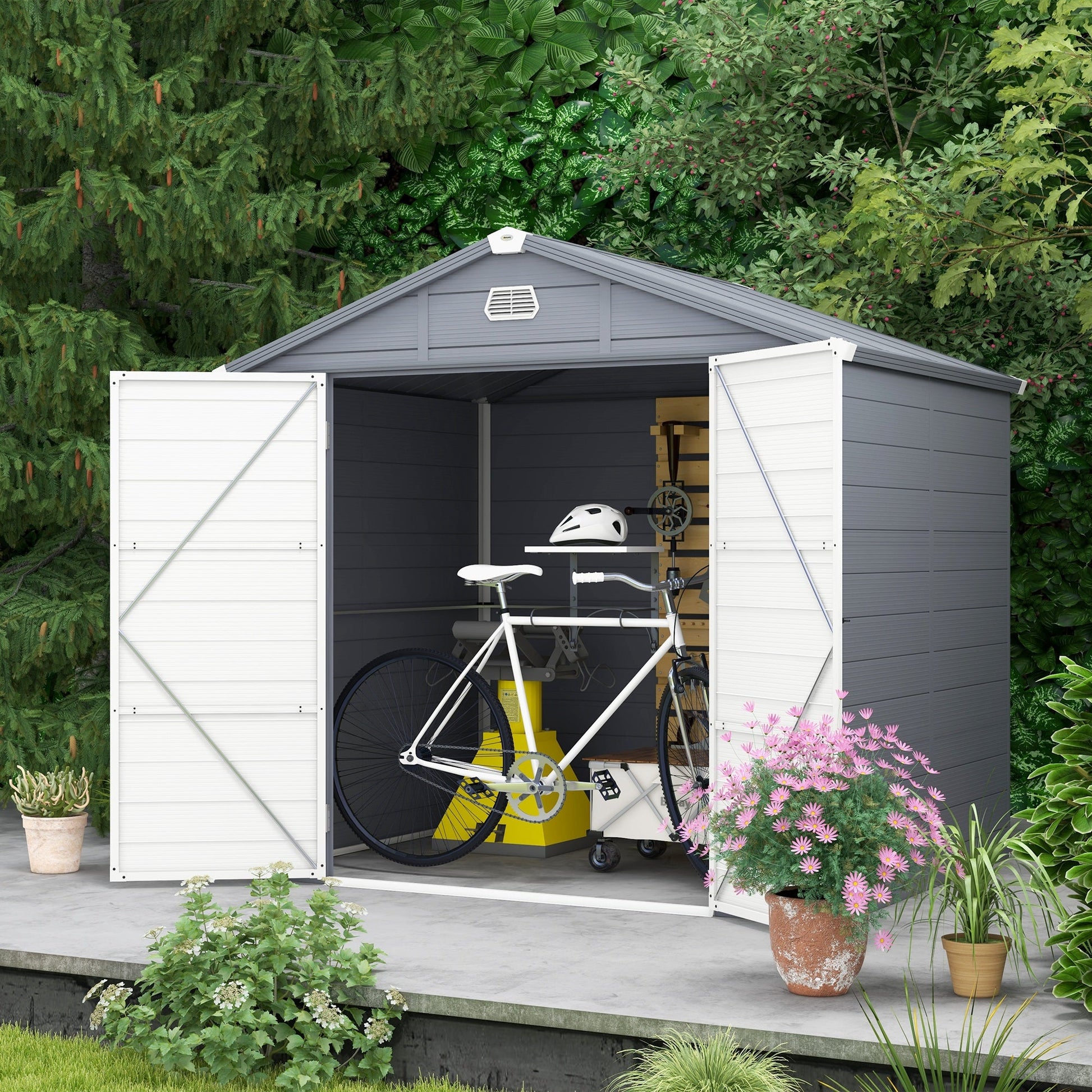 8' x 6' Garden Storage Shed, Outdoor Storage Patio Shed with Aluminum Frame, Galvanized Foundation Kit, Latched Door, Air Vents, Window for Backyard, Lawn, Light Grey