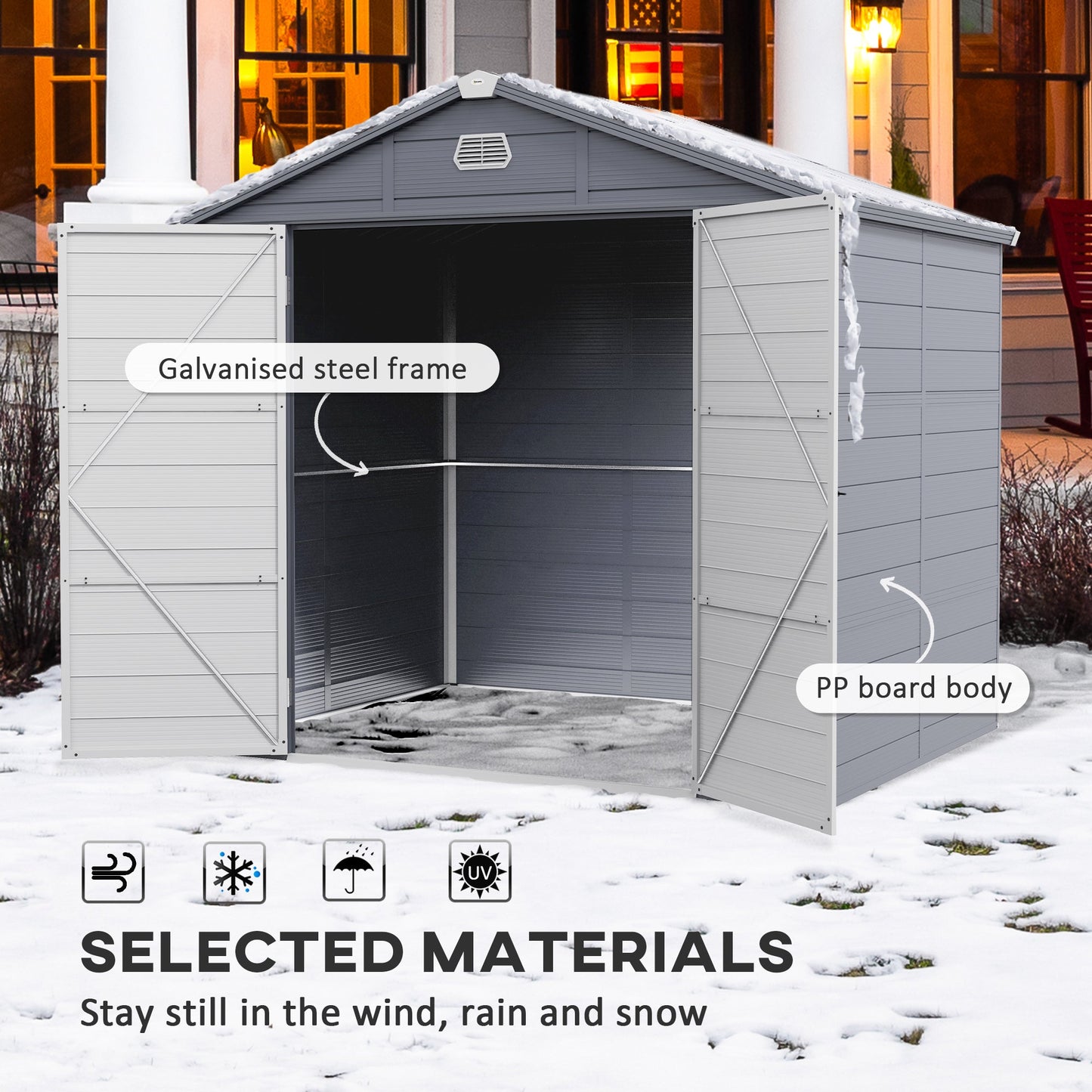8' x 6' Garden Storage Shed, Outdoor Storage Patio Shed with Aluminum Frame, Galvanized Foundation Kit, Latched Door, Air Vents, Window for Backyard, Lawn, Light Grey