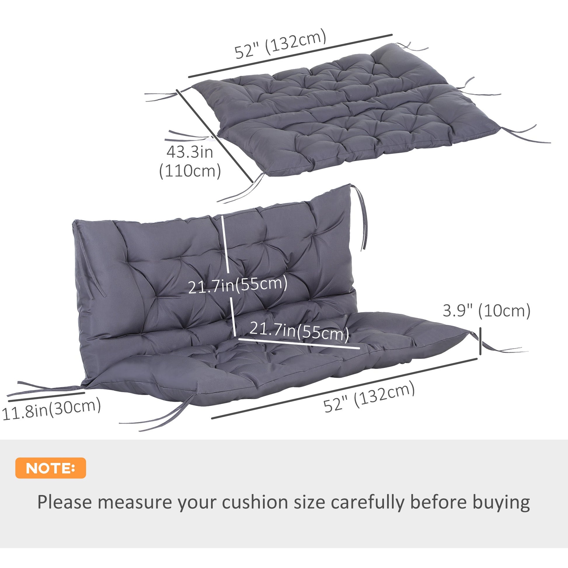 2 Seater Garden Bench Cushions, Thick Outdoor Non-Slip 2 Seater Soft Pad With Backrest for Garden Patio, 52" x 43" x 4", Dark Grey
