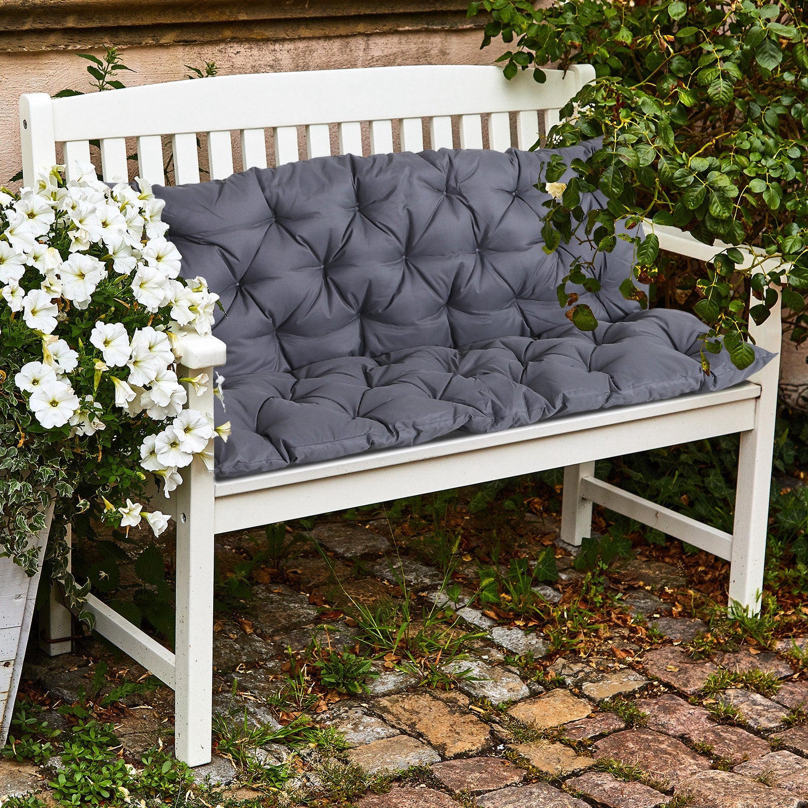 2 Seater Garden Bench Cushions, Thick Outdoor Non-Slip 2 Seater Soft Pad With Backrest for Garden Patio, 52" x 43" x 4", Dark Grey