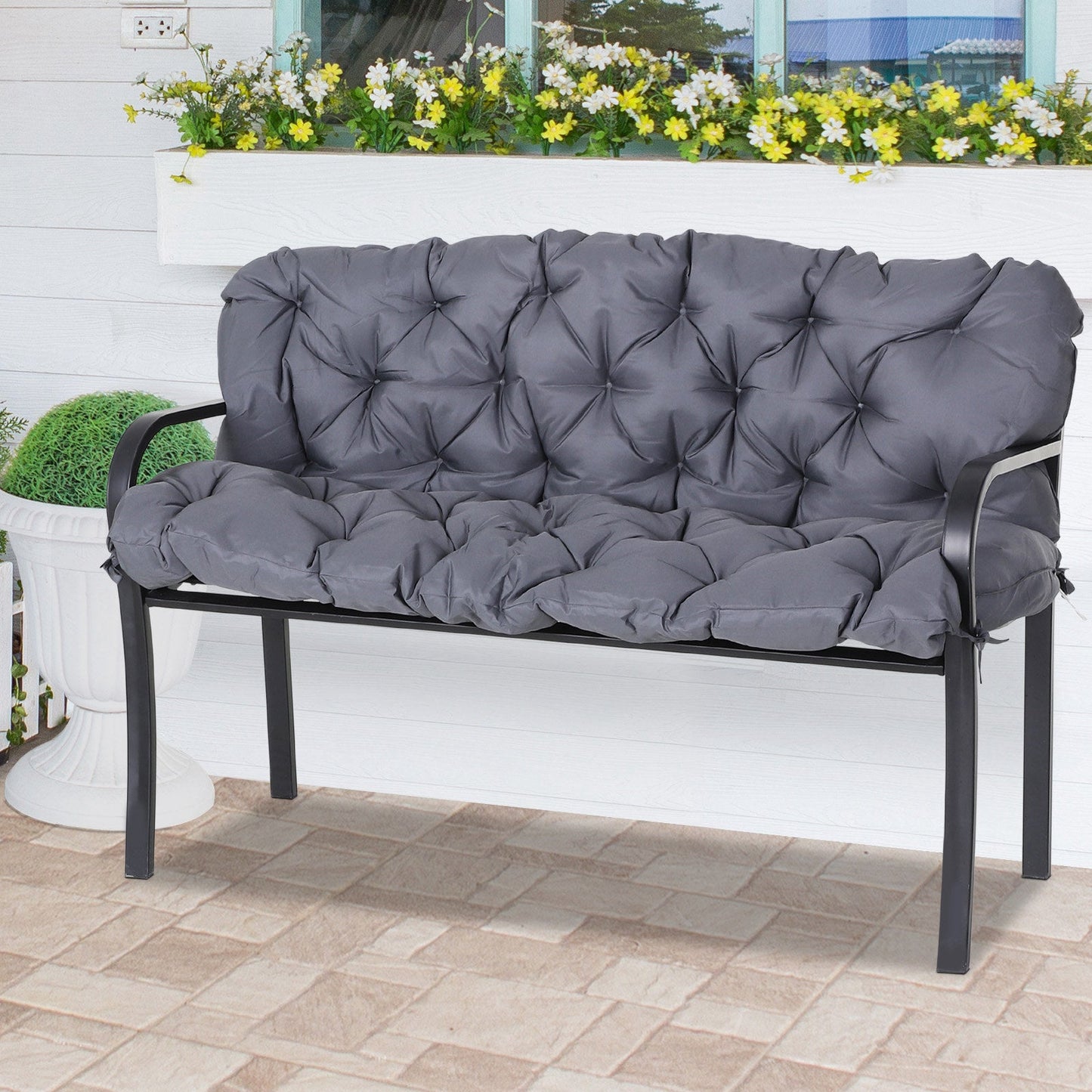 2 Seater Garden Bench Cushions, Thick Outdoor Non-Slip 2 Seater Soft Pad With Backrest for Garden Patio, 52" x 43" x 4", Dark Grey