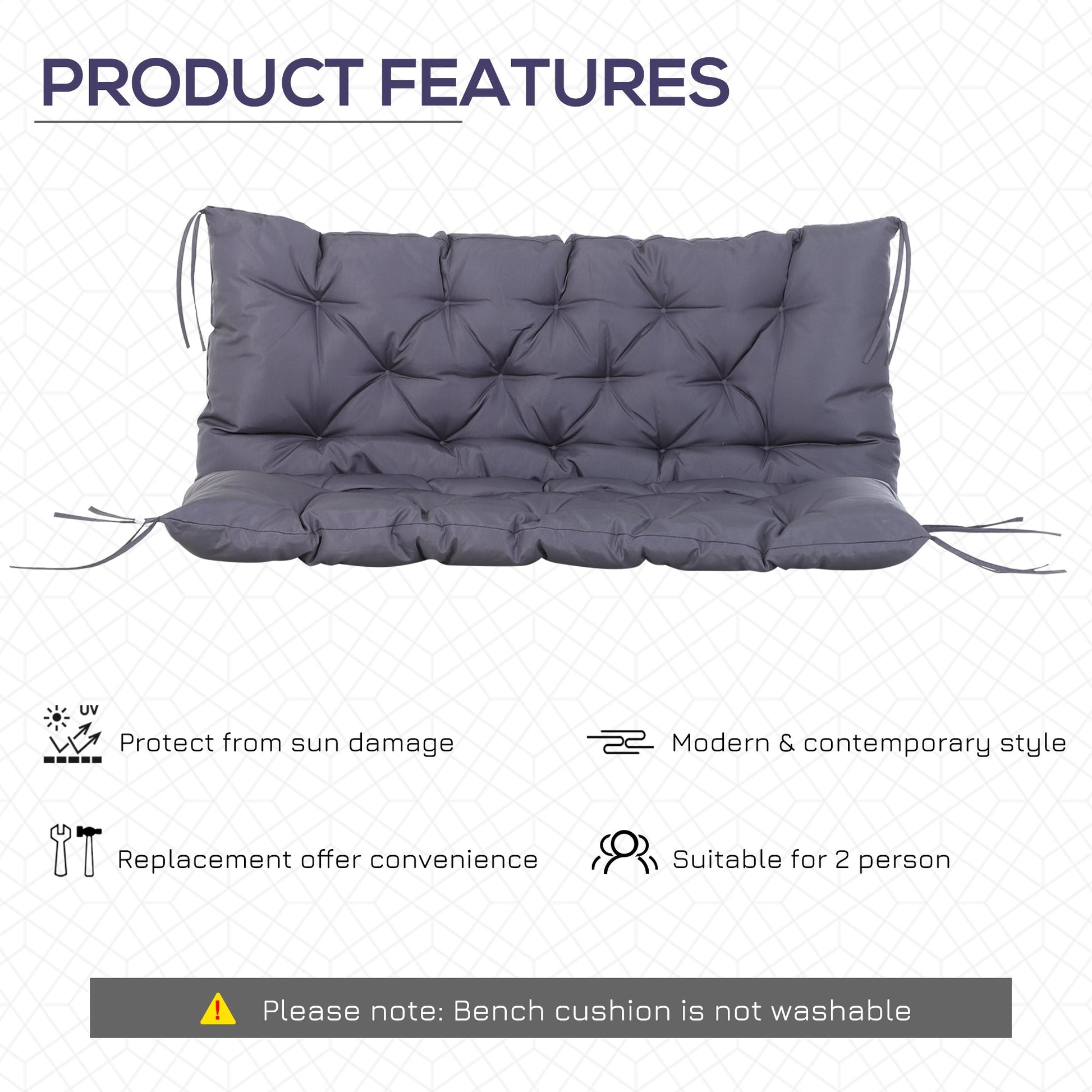 2 Seater Garden Bench Cushions, Thick Outdoor Non-Slip 2 Seater Soft Pad With Backrest for Garden Patio, 52" x 43" x 4", Dark Grey