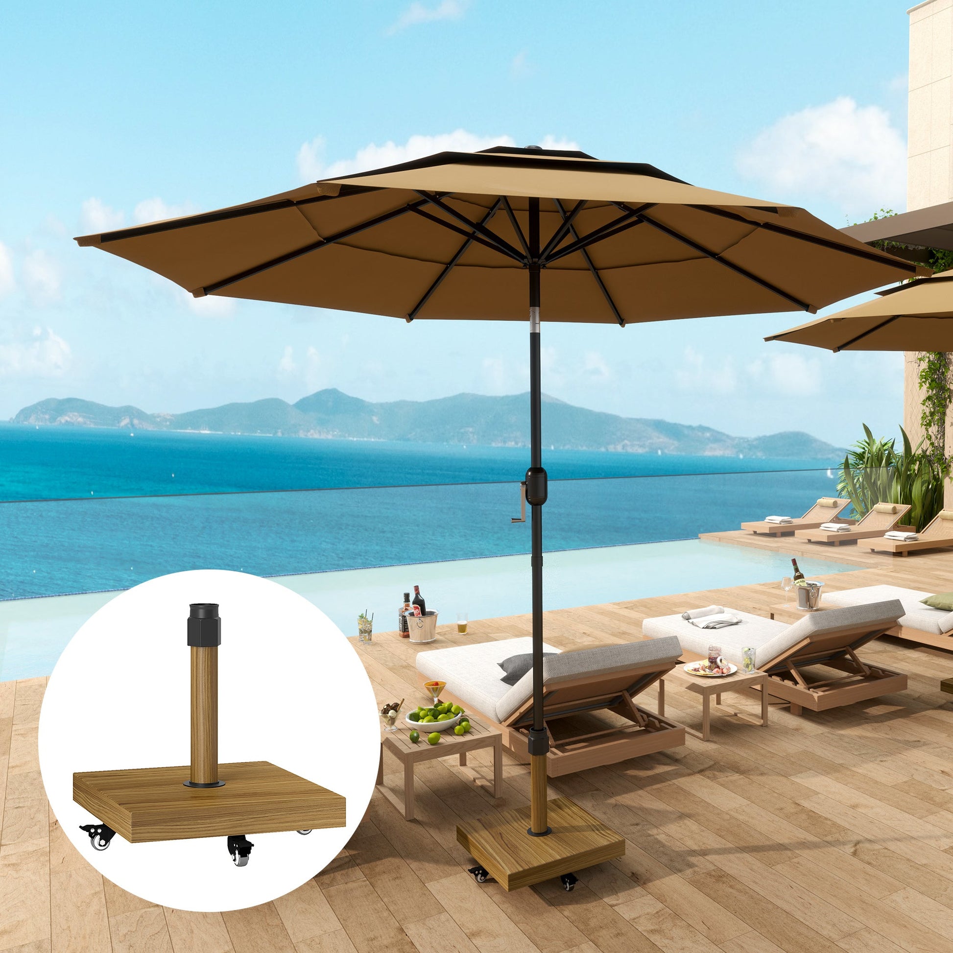 Patio Umbrella Base Holder, Outdoor Umbrella Stand with Wheels, Heavy Duty Patio Umbrella Stand Base for Garden, Poolside, Nature Wood