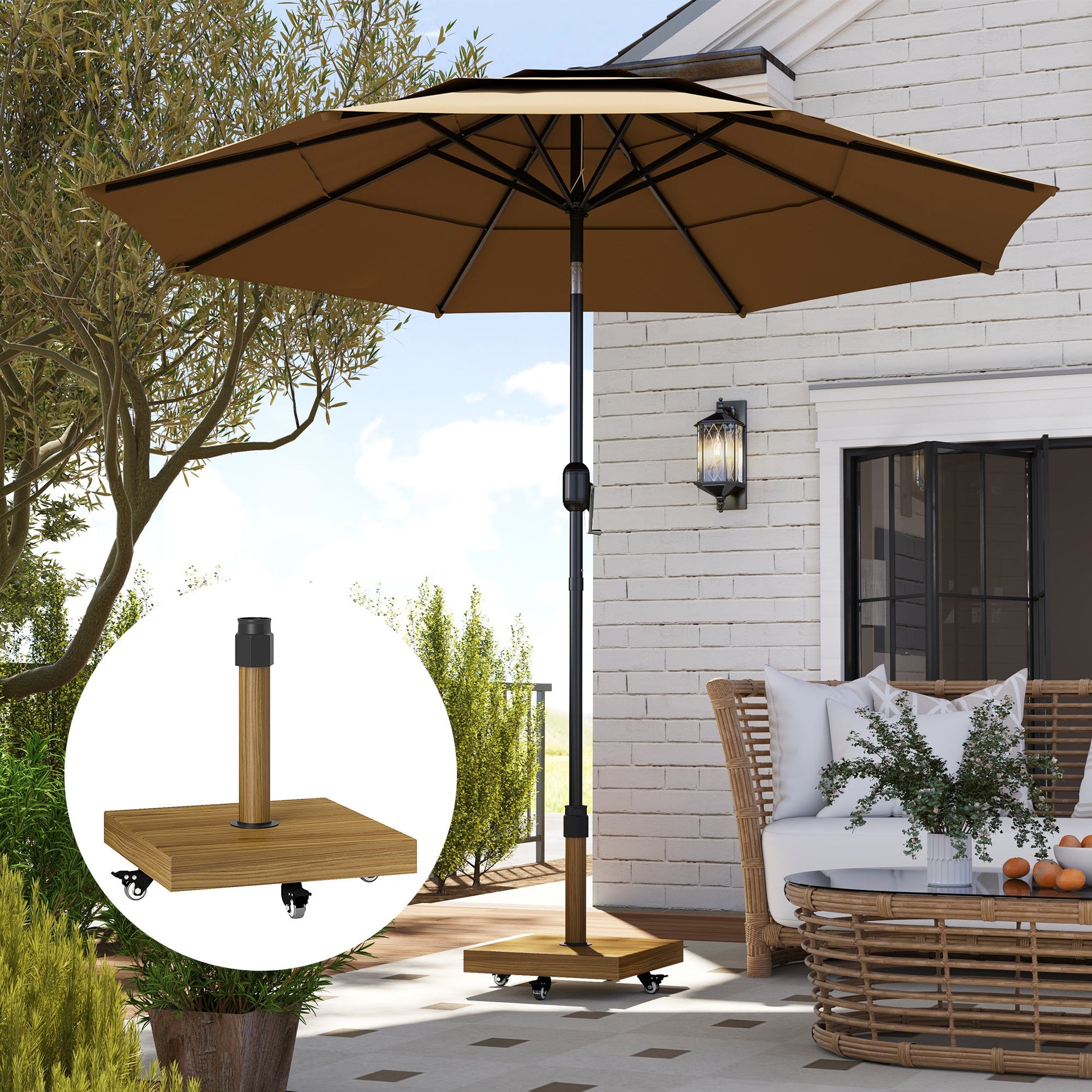 Patio Umbrella Base Holder, Outdoor Umbrella Stand with Wheels, Heavy Duty Patio Umbrella Stand Base for Garden, Poolside, Nature Wood