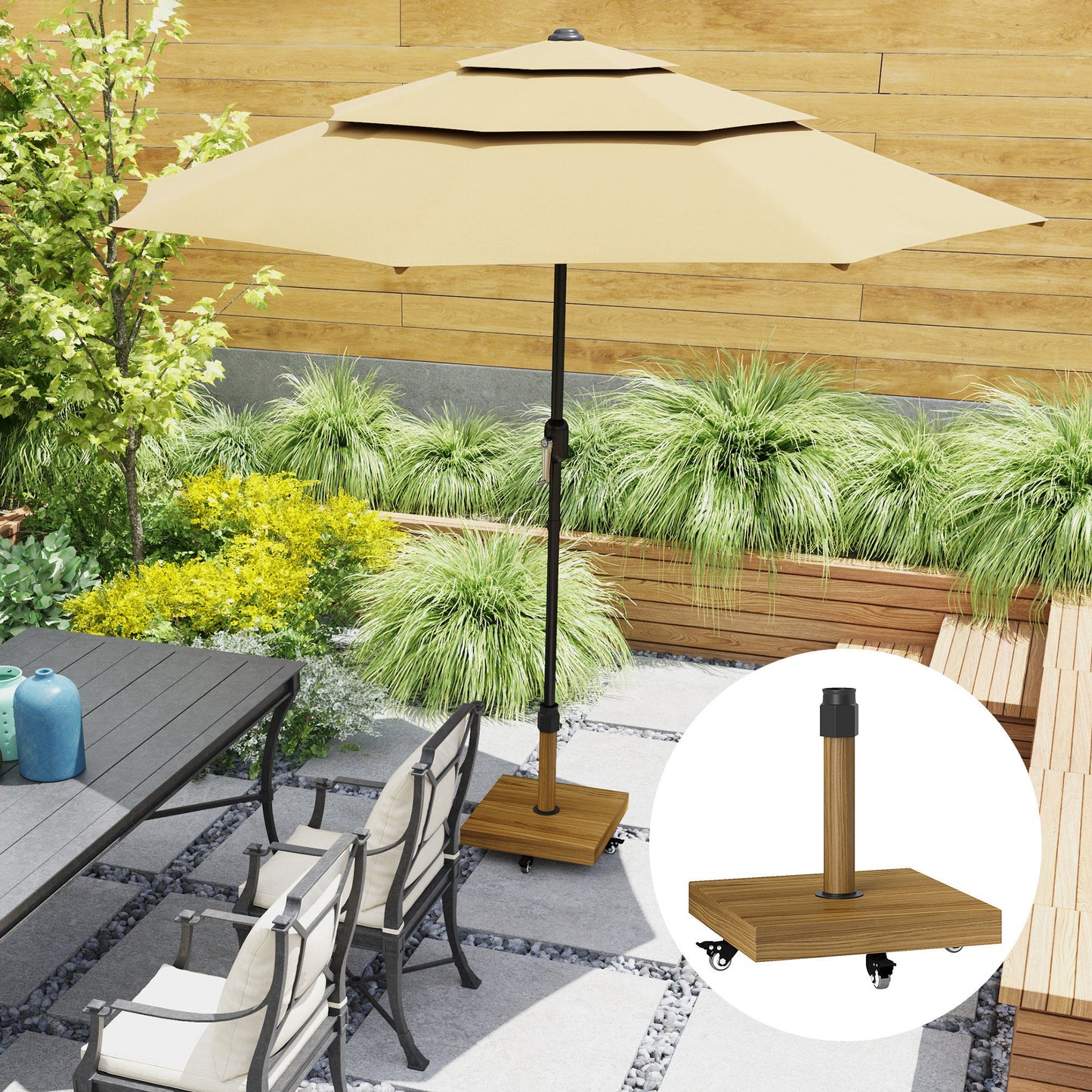 Patio Umbrella Base Holder, Outdoor Umbrella Stand with Wheels, Heavy Duty Patio Umbrella Stand Base for Garden, Poolside, Nature Wood