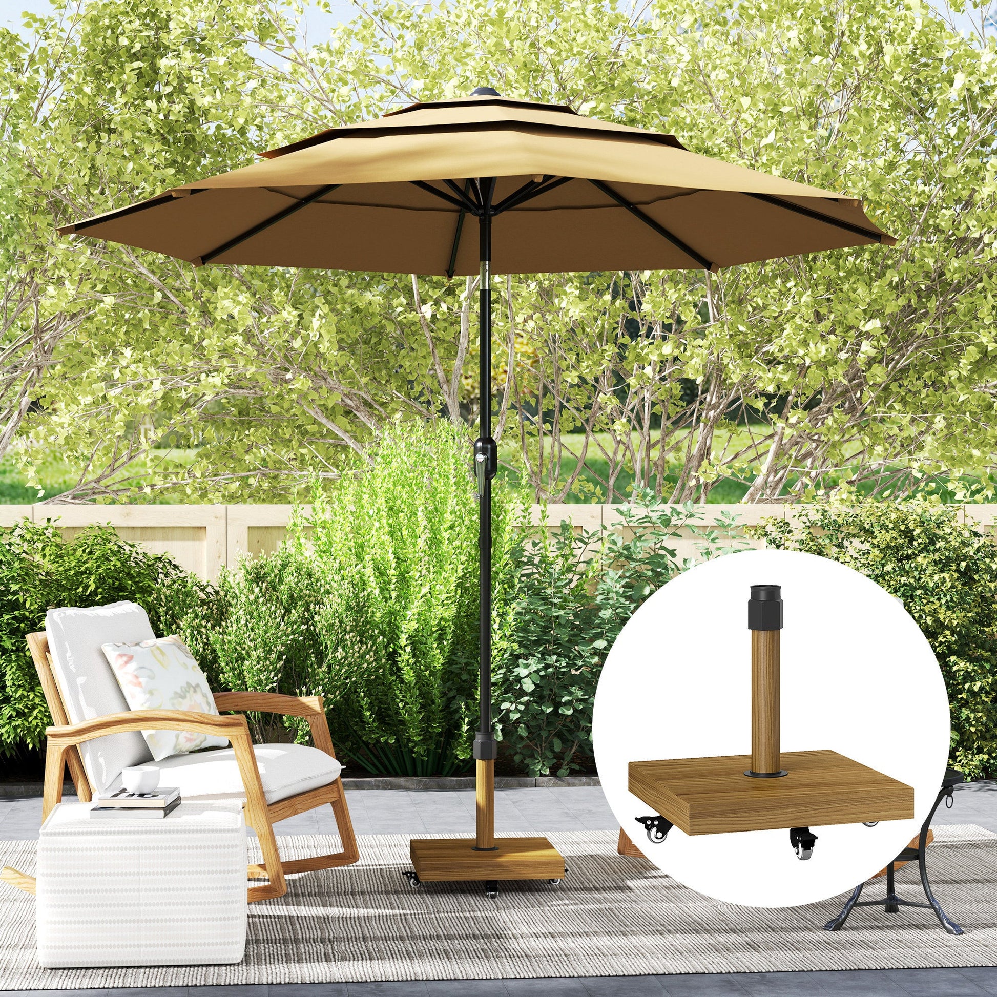 Patio Umbrella Base Holder, Outdoor Umbrella Stand with Wheels, Heavy Duty Patio Umbrella Stand Base for Garden, Poolside, Nature Wood