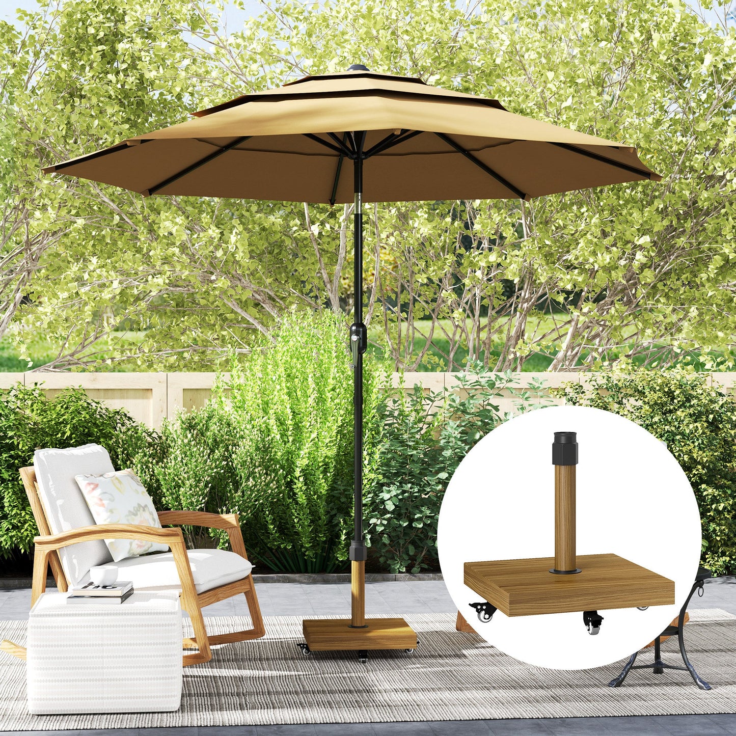 Patio Umbrella Base Holder, Outdoor Umbrella Stand with Wheels, Heavy Duty Patio Umbrella Stand Base for Garden, Poolside, Nature Wood