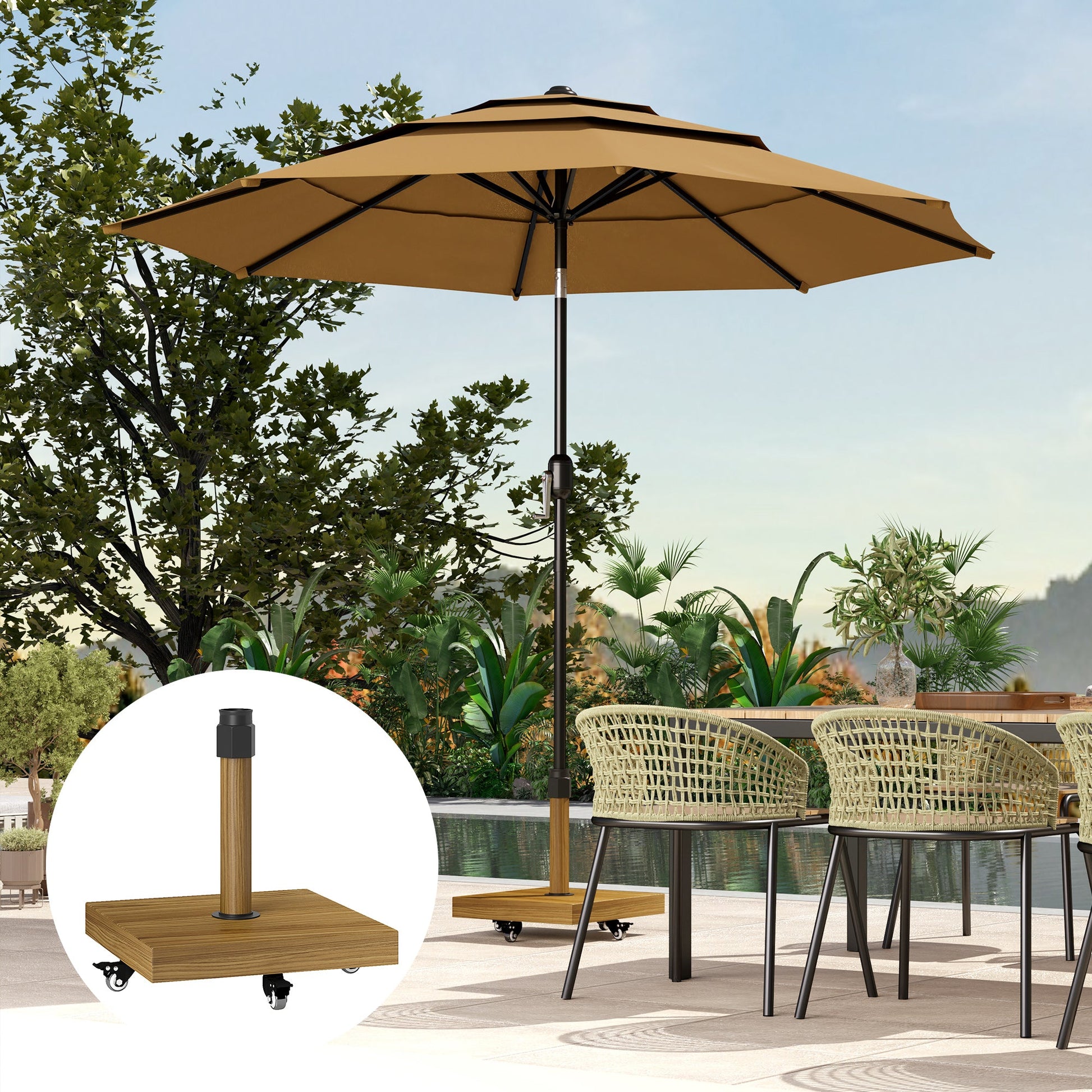 Patio Umbrella Base Holder, Outdoor Umbrella Stand with Wheels, Heavy Duty Patio Umbrella Stand Base for Garden, Poolside, Nature Wood