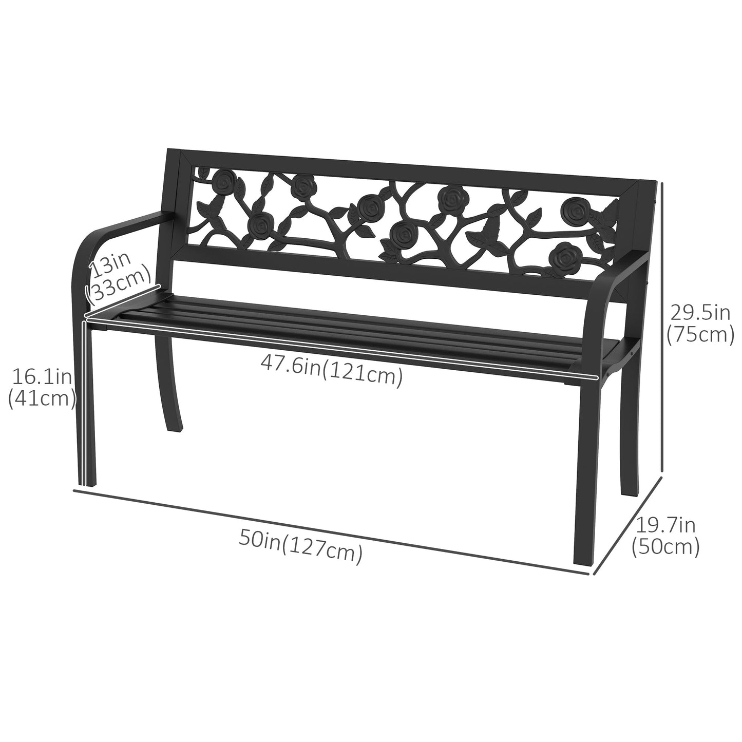 50" Outdoor Bench, Metal Frame Patio Loveseat with Floral Pattern Backrest, Cured Armrest, for Conservatory, Garden, Poolside, Deck, Black