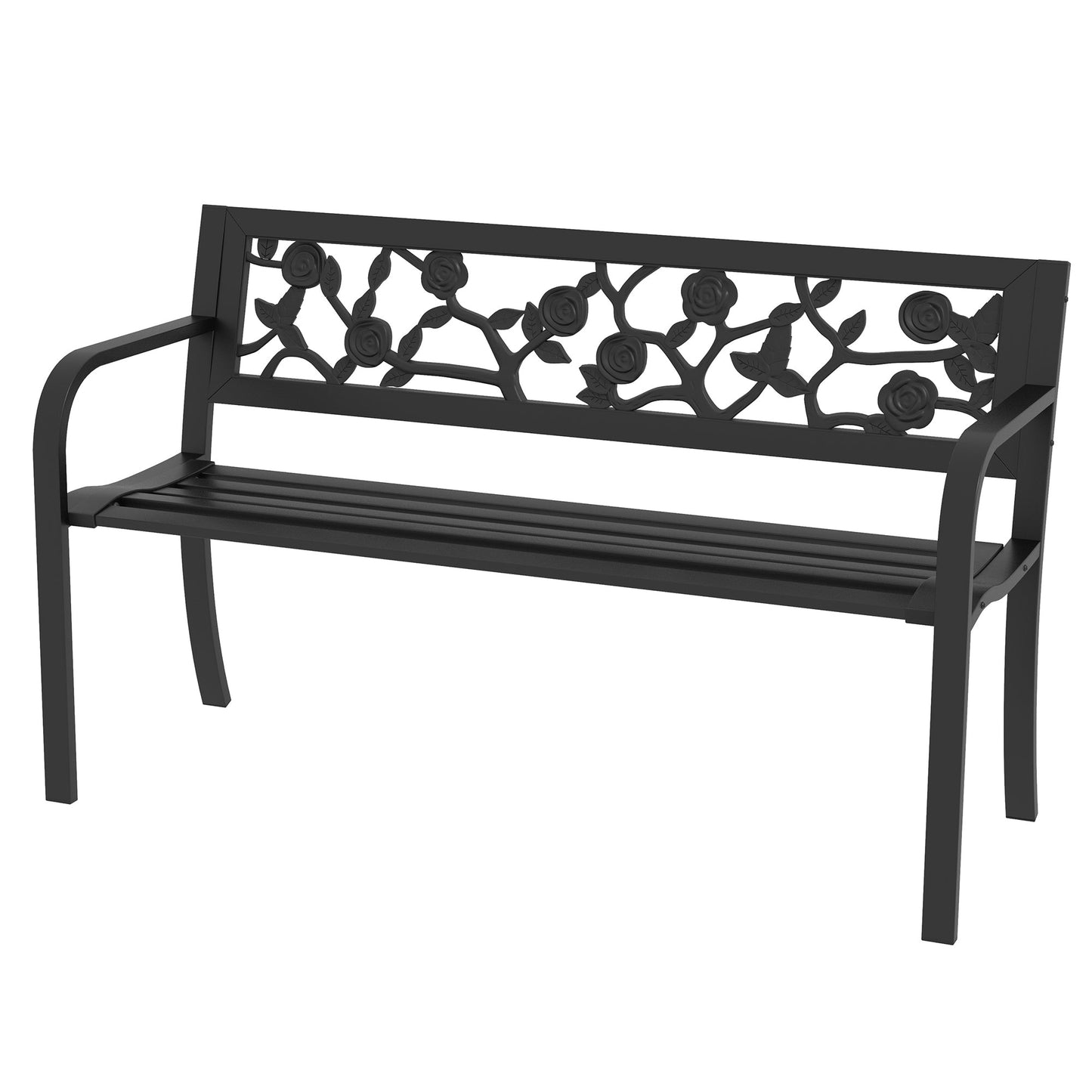 50" Outdoor Bench, Metal Frame Patio Loveseat with Floral Pattern Backrest, Cured Armrest, for Conservatory, Garden, Poolside, Deck, Black