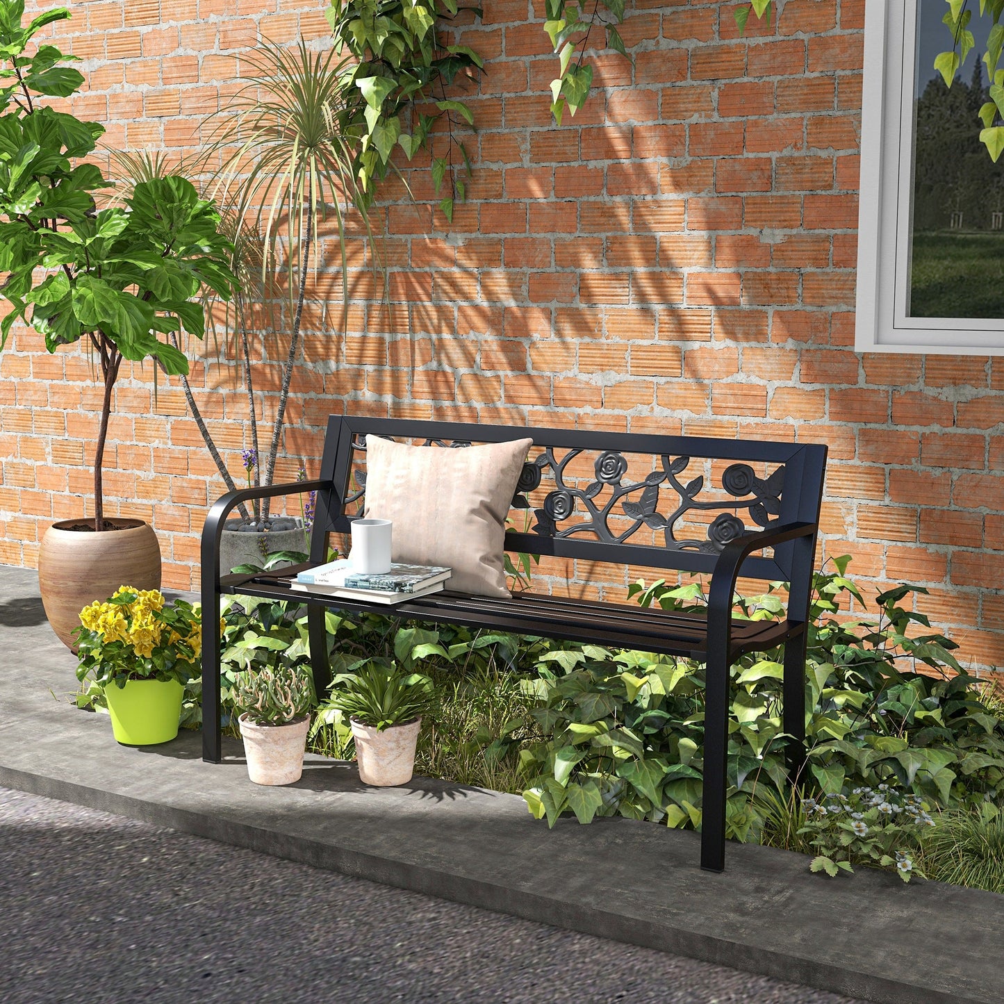 50" Outdoor Bench, Metal Frame Patio Loveseat with Floral Pattern Backrest, Cured Armrest, for Conservatory, Garden, Poolside, Deck, Black