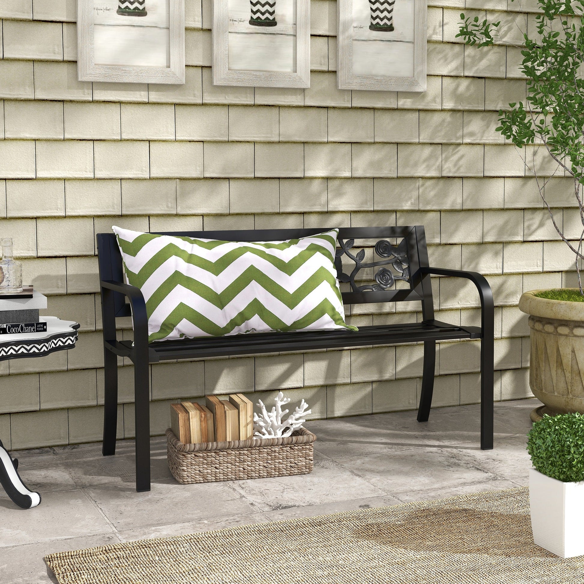 50" Outdoor Bench, Metal Frame Patio Loveseat with Floral Pattern Backrest, Cured Armrest, for Conservatory, Garden, Poolside, Deck, Black