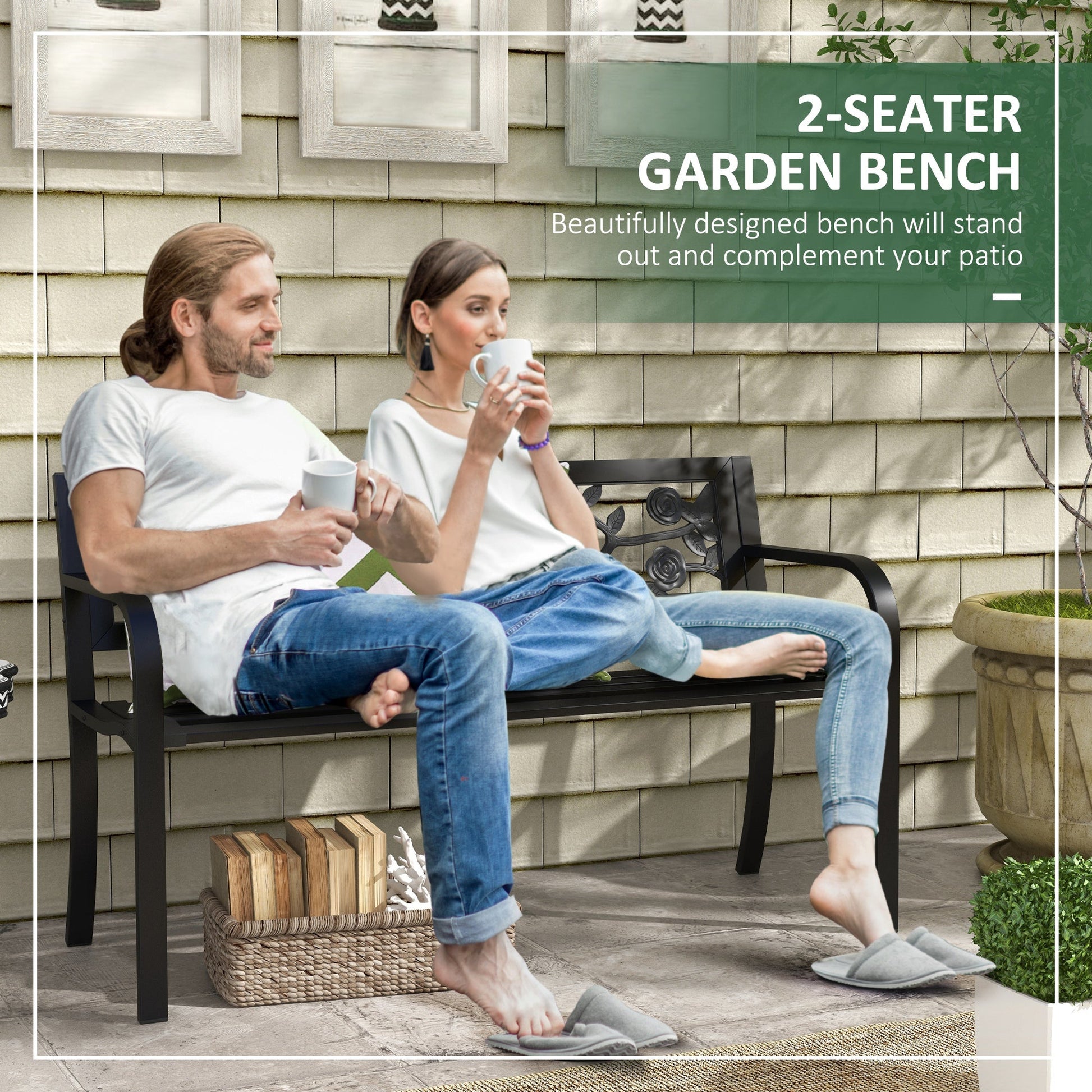 50" Outdoor Bench, Metal Frame Patio Loveseat with Floral Pattern Backrest, Cured Armrest, for Conservatory, Garden, Poolside, Deck, Black