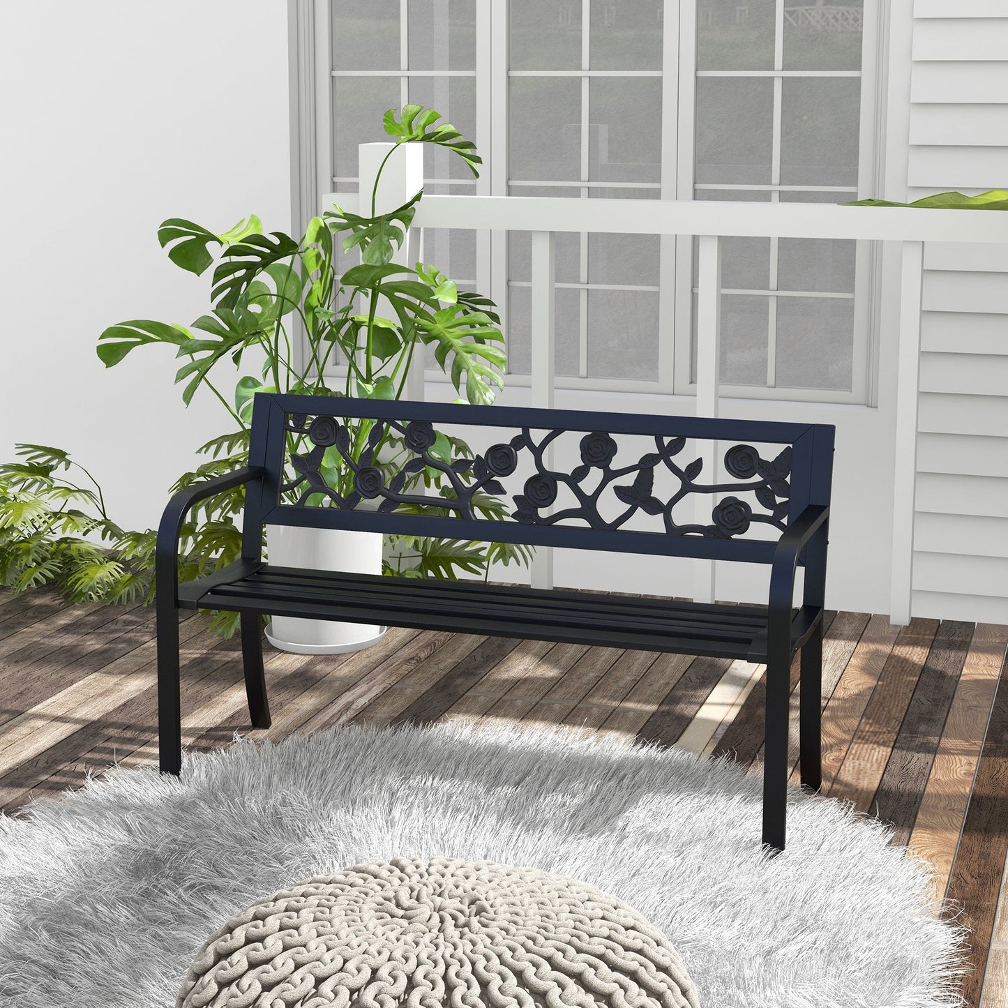 50" Outdoor Bench, Metal Frame Patio Loveseat with Floral Pattern Backrest, Cured Armrest, for Conservatory, Garden, Poolside, Deck, Black