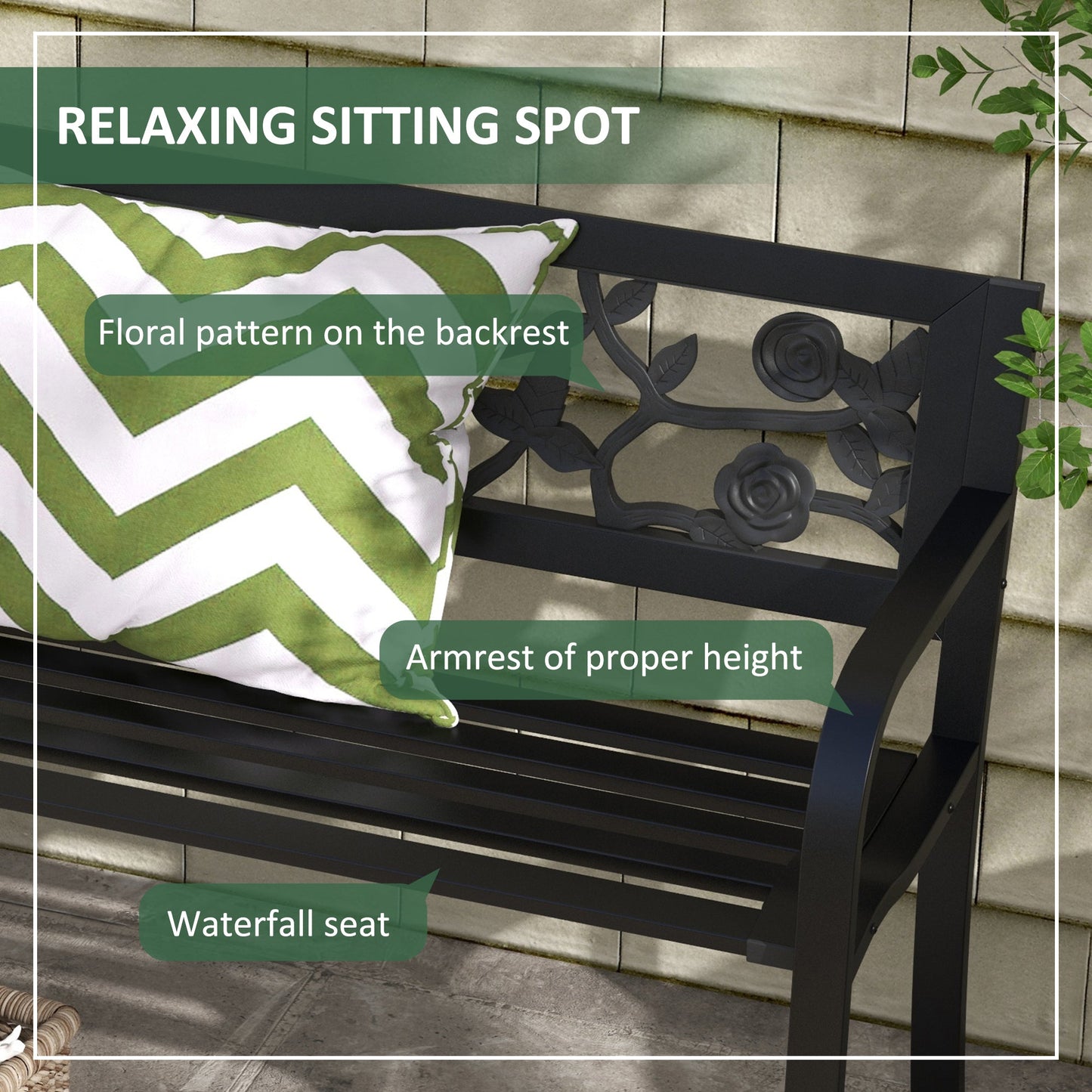 50" Outdoor Bench, Metal Frame Patio Loveseat with Floral Pattern Backrest, Cured Armrest, for Conservatory, Garden, Poolside, Deck, Black