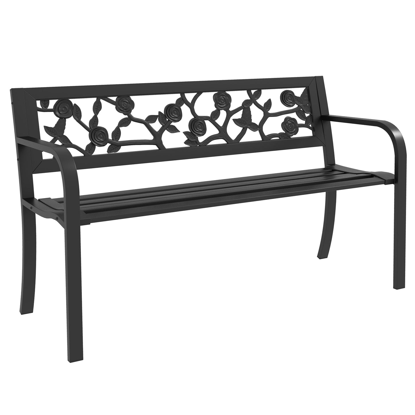 50" Outdoor Bench, Metal Frame Patio Loveseat with Floral Pattern Backrest, Cured Armrest, for Conservatory, Garden, Poolside, Deck, Black