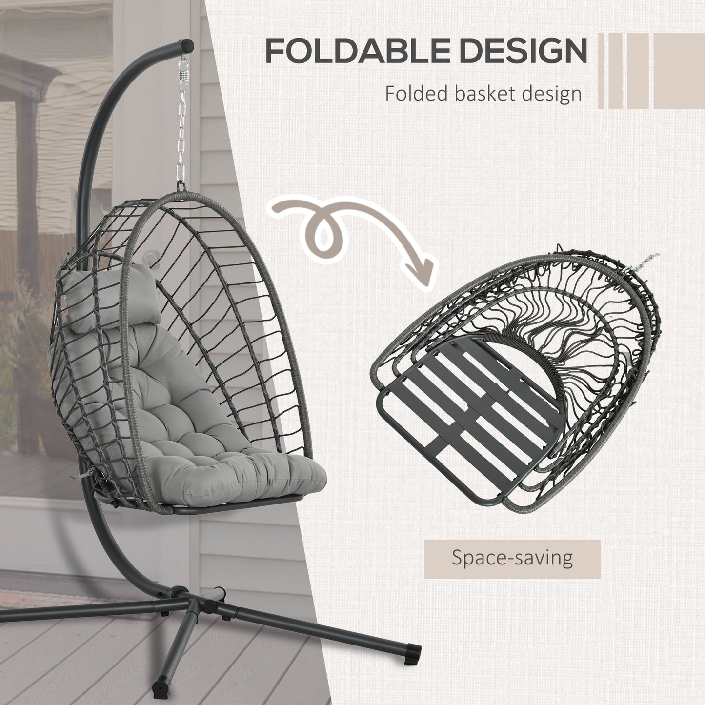 Outdoor Rattan Swing Chair with Foldable Basket and Cushion, Garden Patio Hanging Egg Chair with Metal Stand, Headrest for Indoor and Outdoor, Light Grey