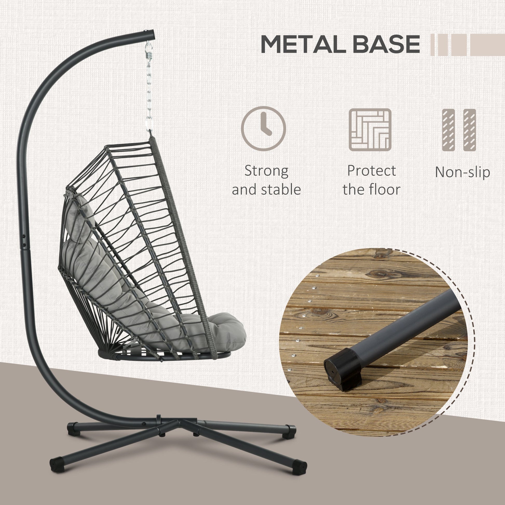Outdoor Rattan Swing Chair with Foldable Basket and Cushion, Garden Patio Hanging Egg Chair with Metal Stand, Headrest for Indoor and Outdoor, Light Grey