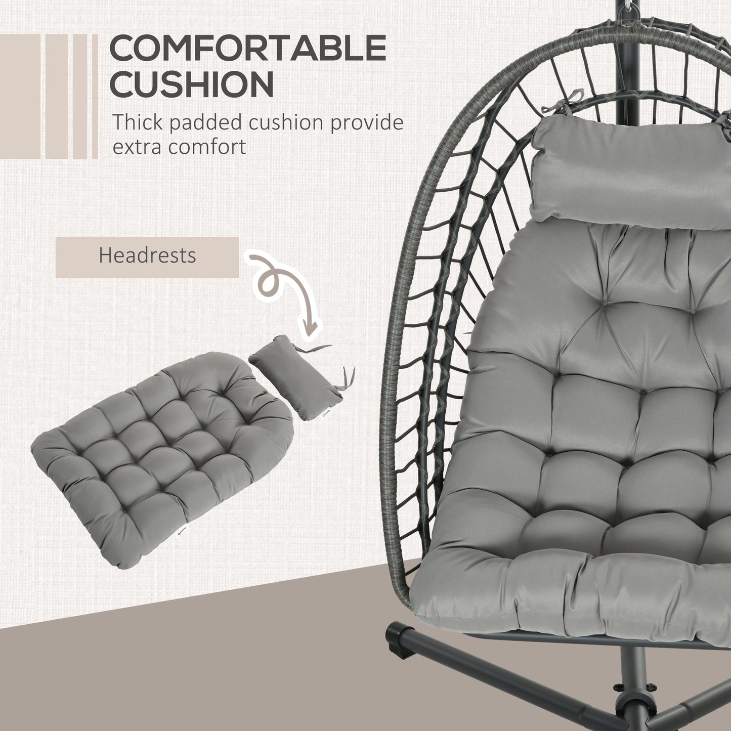 Outdoor Rattan Swing Chair with Foldable Basket and Cushion, Garden Patio Hanging Egg Chair with Metal Stand, Headrest for Indoor and Outdoor, Light Grey