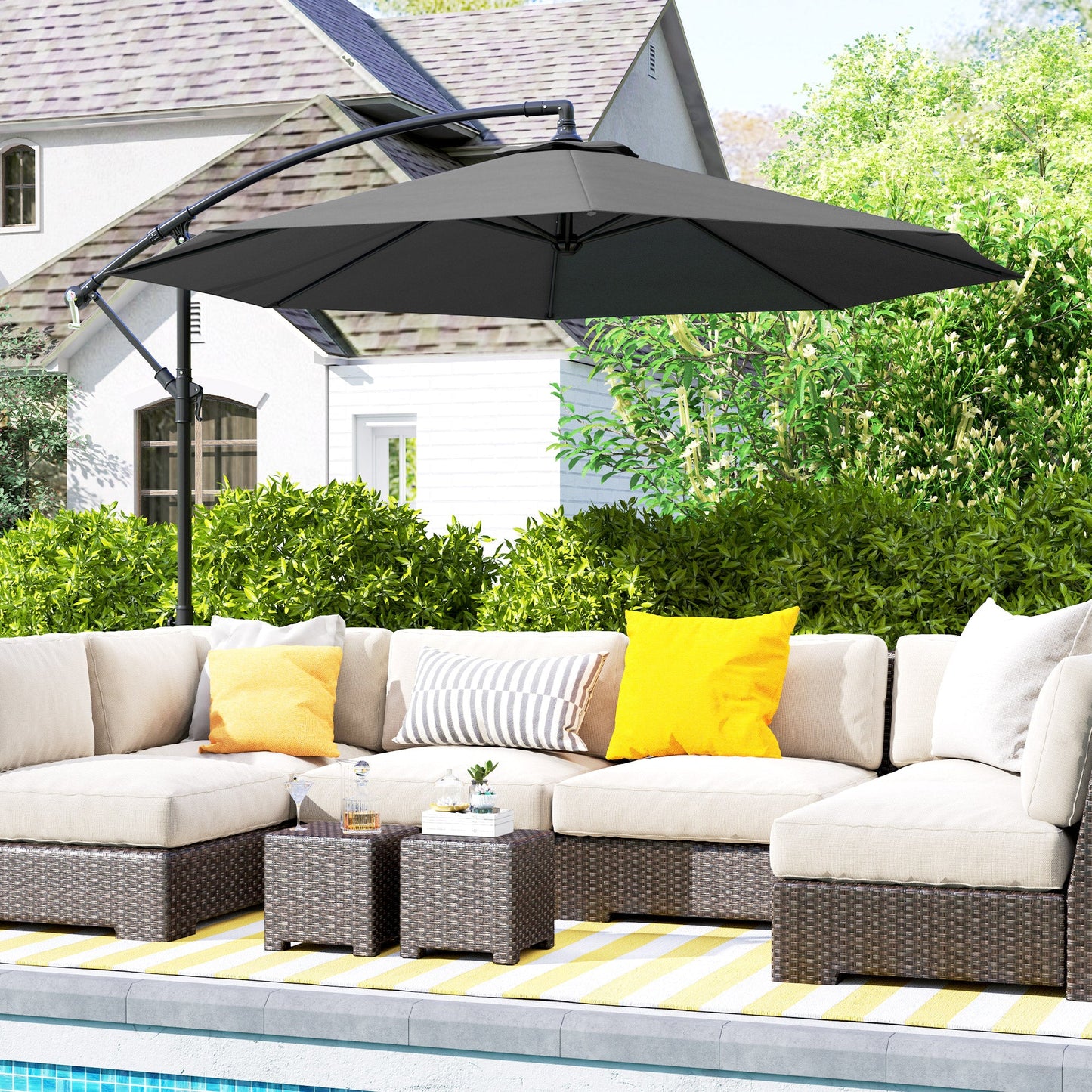 10' Deluxe Patio Umbrella, Outdoor Market Parasol, Banana Hanging Offset Sunshade with Crank, Cross Base, Grey
