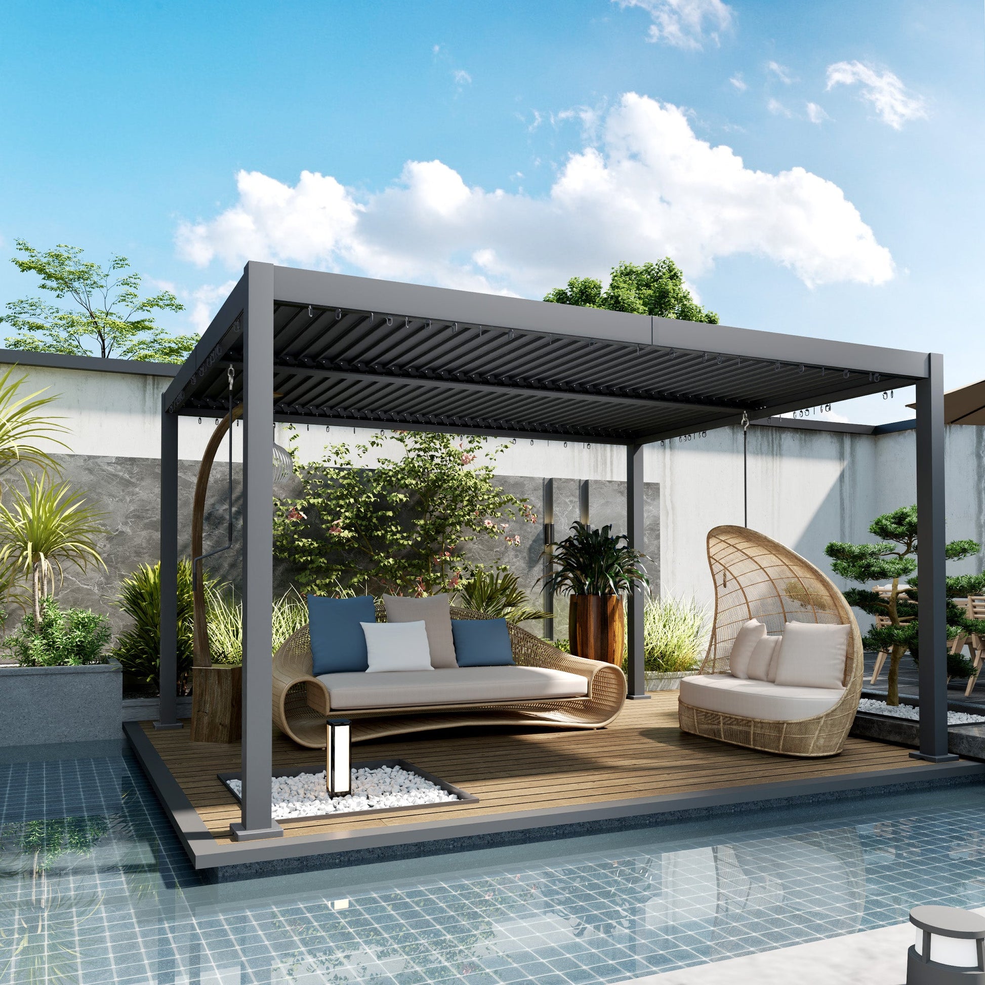 10' x 12' Louvered Pergola with Adjustable Metal Roof and Aluminum Frame, Outdoor Pergola Hardtop Gazebo with Drainage System, Water and UV Proof for Deck Backyard Patio