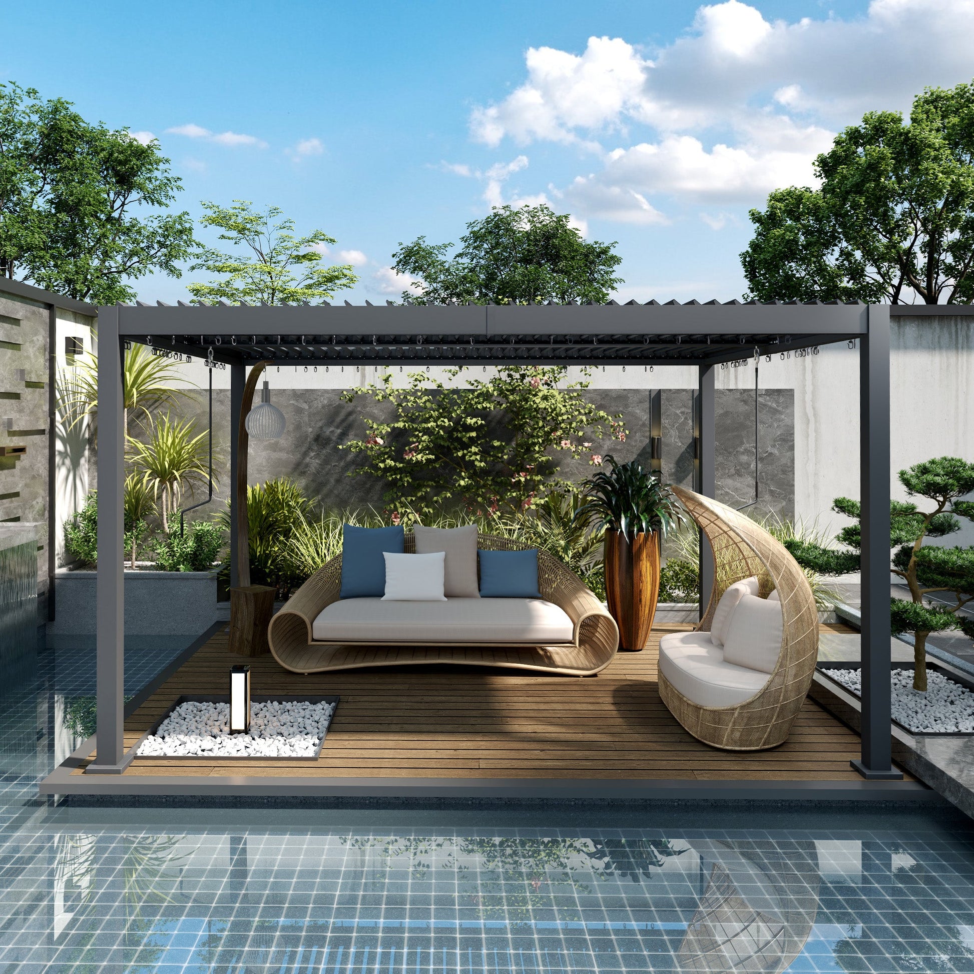 10' x 12' Louvered Pergola with Adjustable Metal Roof and Aluminum Frame, Outdoor Pergola Hardtop Gazebo with Drainage System, Water and UV Proof for Deck Backyard Patio