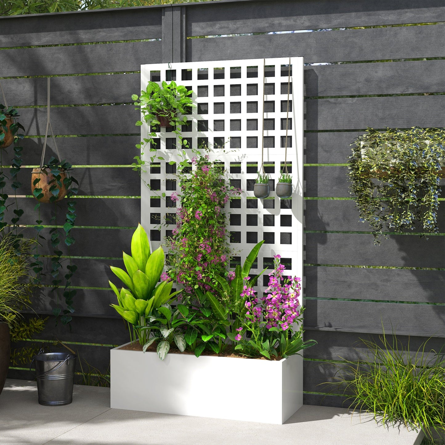 Galvanized Raised Garden Bed with Trellis, 35"x16"x70" Metal Planter Box with Drainage Holes, Outdoor Privacy Screen for Climbing Plant Vegetable Vine, White