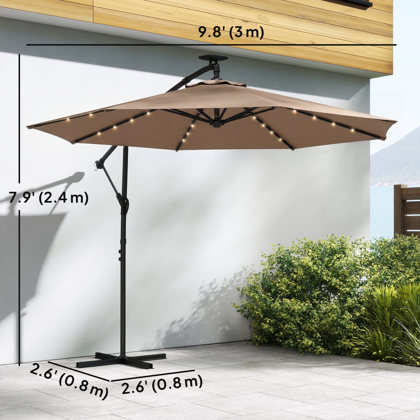 9.7 ft Cantilever Patio Umbrella with Solar LED Light, Cover, Round Offset Hanging Outdoor Umbrella Parasol with Tilt and Crank Handle, Khaki