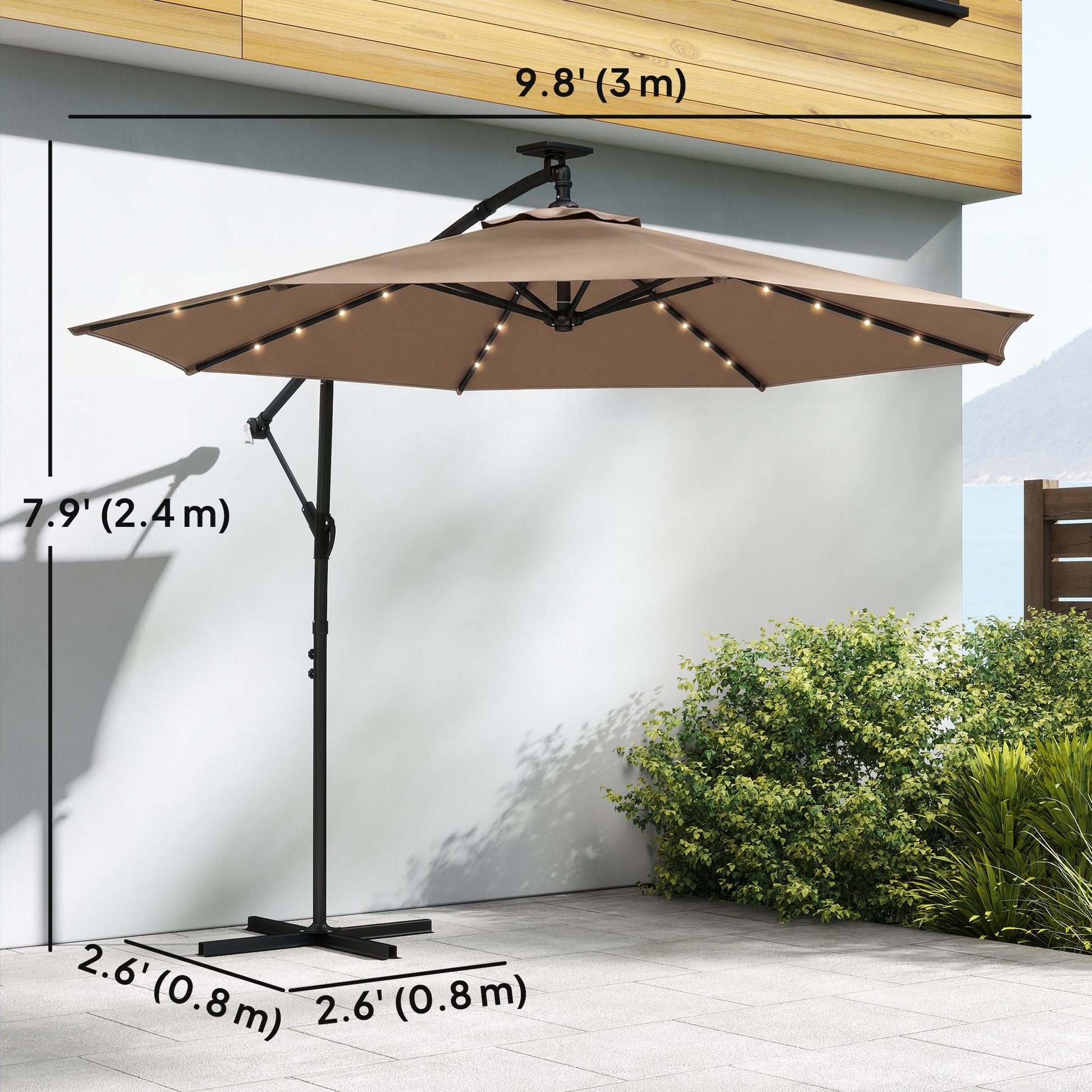 9.7 ft Cantilever Patio Umbrella with Solar LED Light, Cover, Round Offset Hanging Outdoor Umbrella Parasol with Tilt and Crank Handle, Khaki