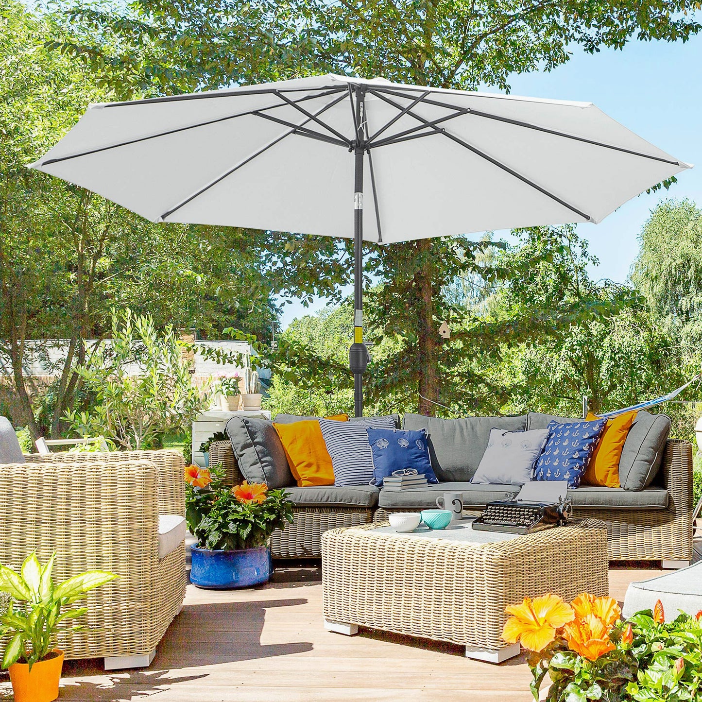10' x 8' Round Market Umbrella, Patio Umbrella with Crank Handle and Tilt, Outdoor Parasol for Garden, Bench, Lawn, White
