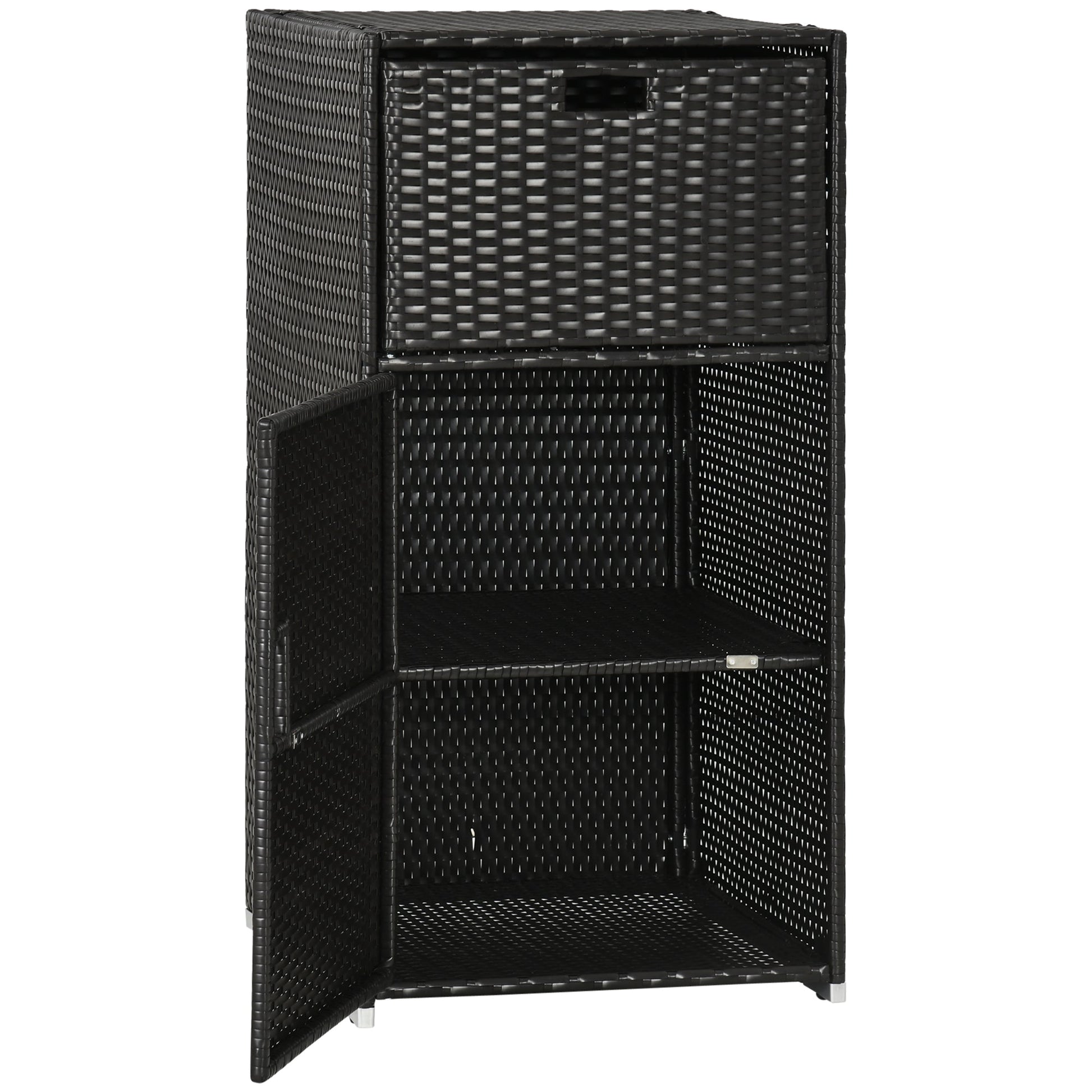 Patio Storage Cabinet, Outdoor Towel Rack for Pool, Waterproof PE Rattan Wicker, Hot Tub Accessory, with Basket Drawer, Dark Brown