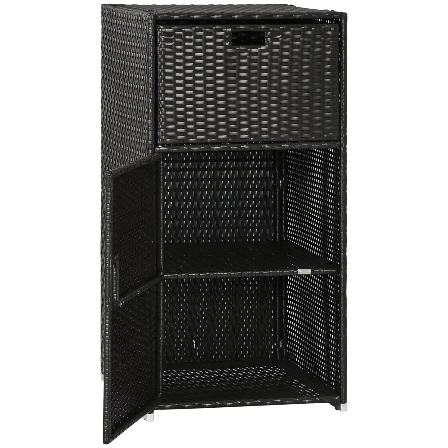 Patio Storage Cabinet, Outdoor Towel Rack for Pool, Waterproof PE Rattan Wicker, Hot Tub Accessory, with Basket Drawer, Dark Brown