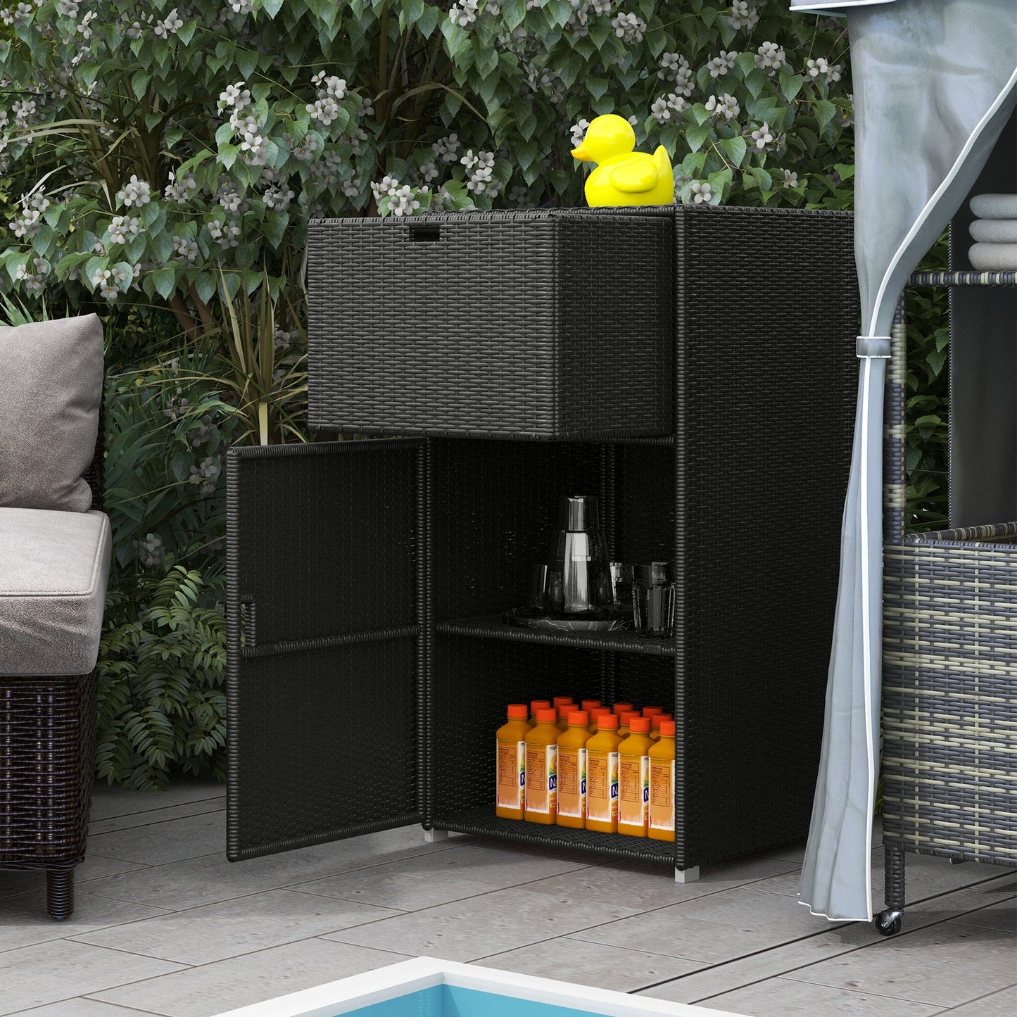 Patio Storage Cabinet, Outdoor Towel Rack for Pool, Waterproof PE Rattan Wicker, Hot Tub Accessory, with Basket Drawer, Dark Brown