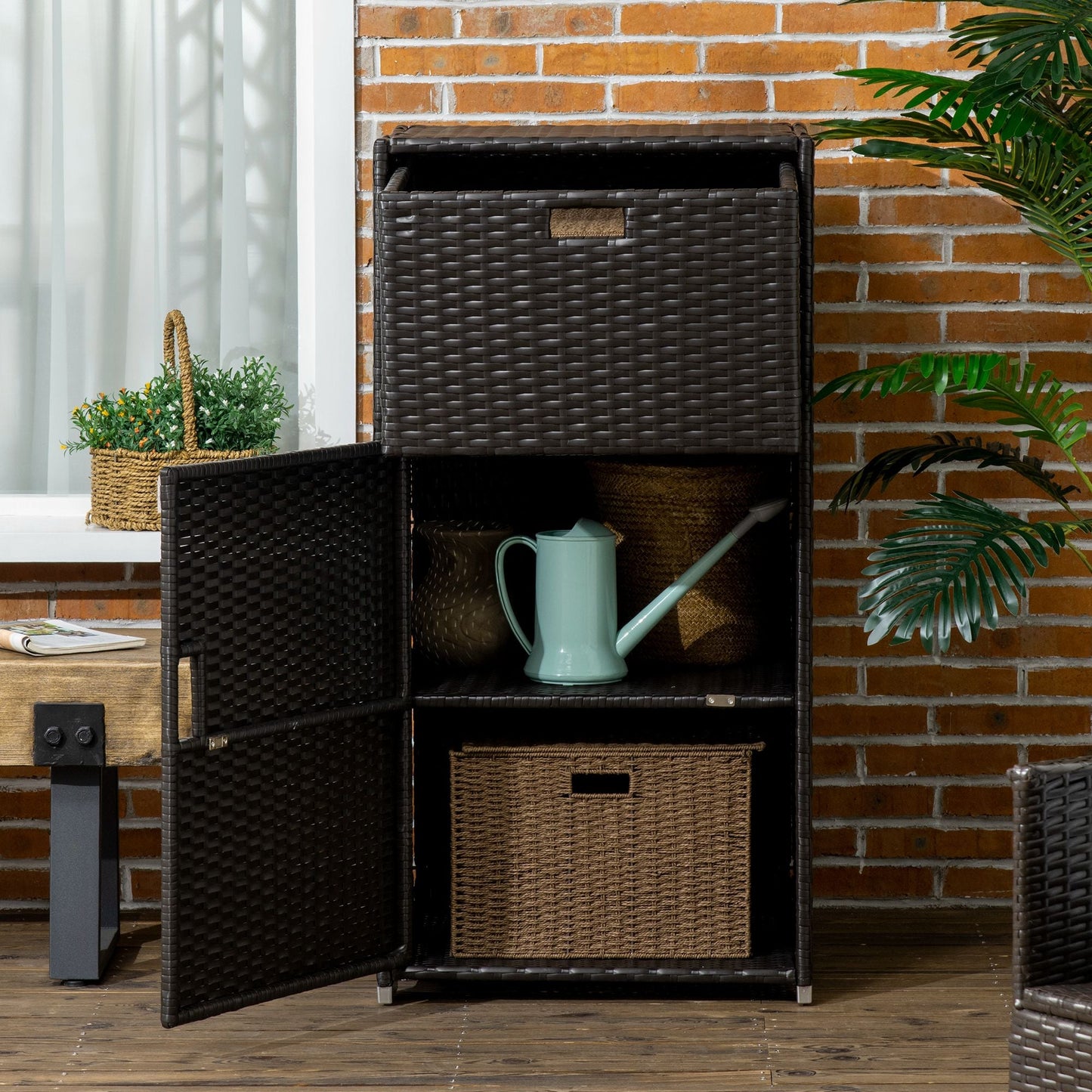 Patio Storage Cabinet, Outdoor Towel Rack for Pool, Waterproof PE Rattan Wicker, Hot Tub Accessory, with Basket Drawer, Dark Brown