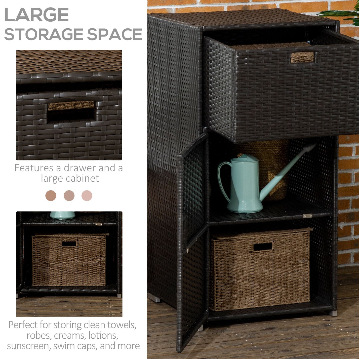 Patio Storage Cabinet, Outdoor Towel Rack for Pool, Waterproof PE Rattan Wicker, Hot Tub Accessory, with Basket Drawer, Dark Brown