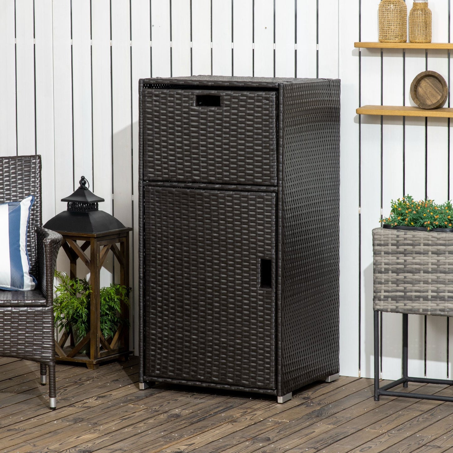 Patio Storage Cabinet, Outdoor Towel Rack for Pool, Waterproof PE Rattan Wicker, Hot Tub Accessory, with Basket Drawer, Dark Brown