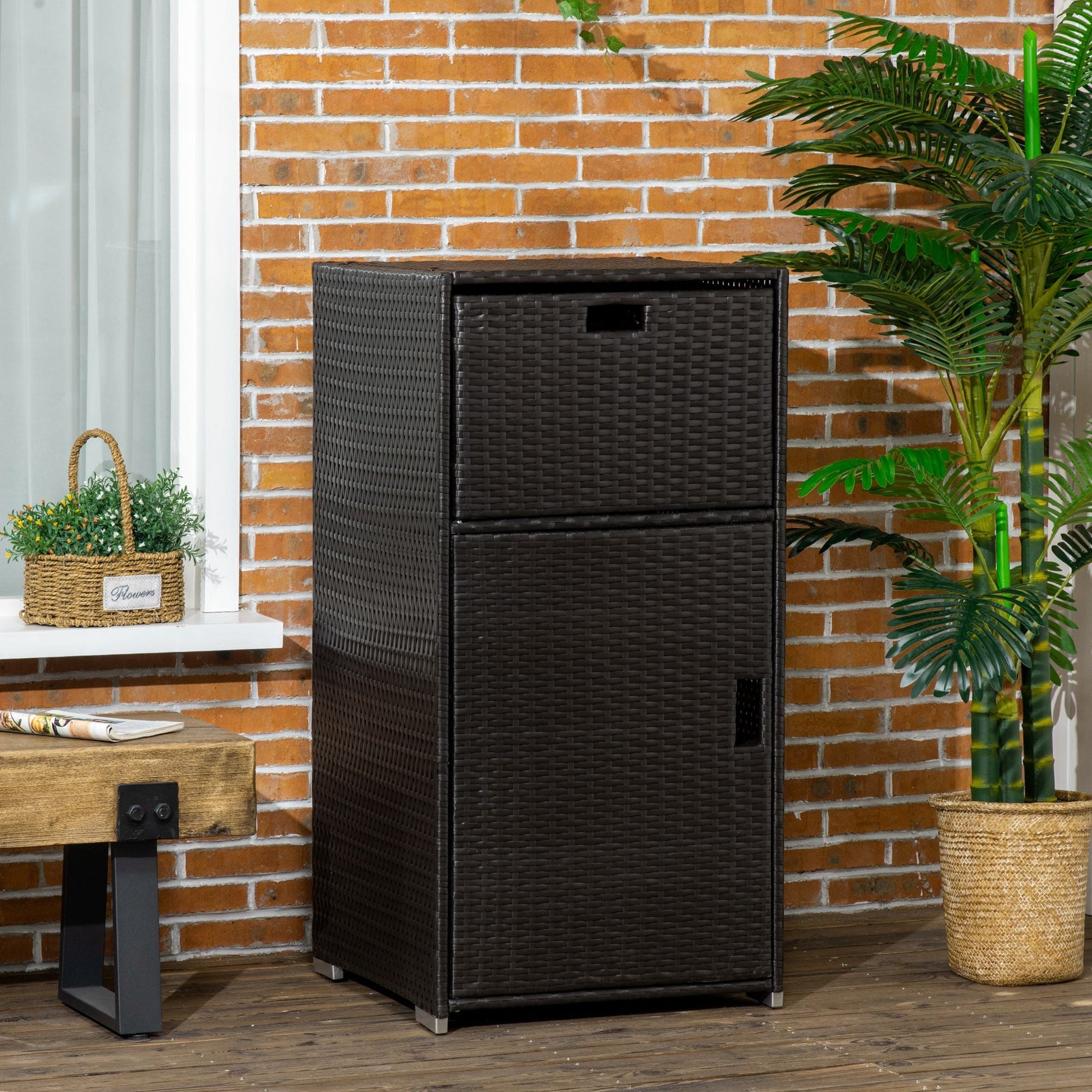 Patio Storage Cabinet, Outdoor Towel Rack for Pool, Waterproof PE Rattan Wicker, Hot Tub Accessory, with Basket Drawer, Dark Brown
