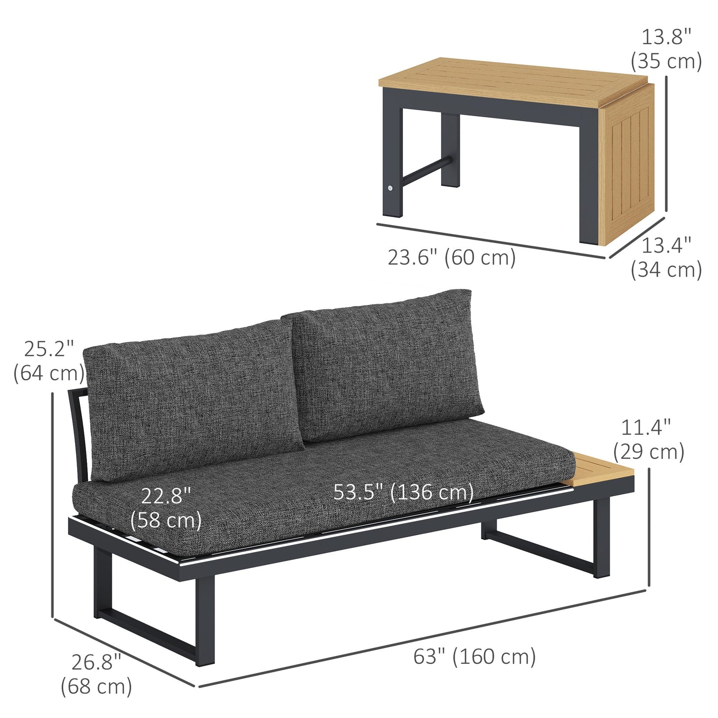 3 Pieces Sectional Patio Furniture Set with 2 Loveseats, WPC Coffee Table, L Shaped Aluminum Outdoor Sofa Set with Removable Backs, Thick Cushions, Charcoal Grey