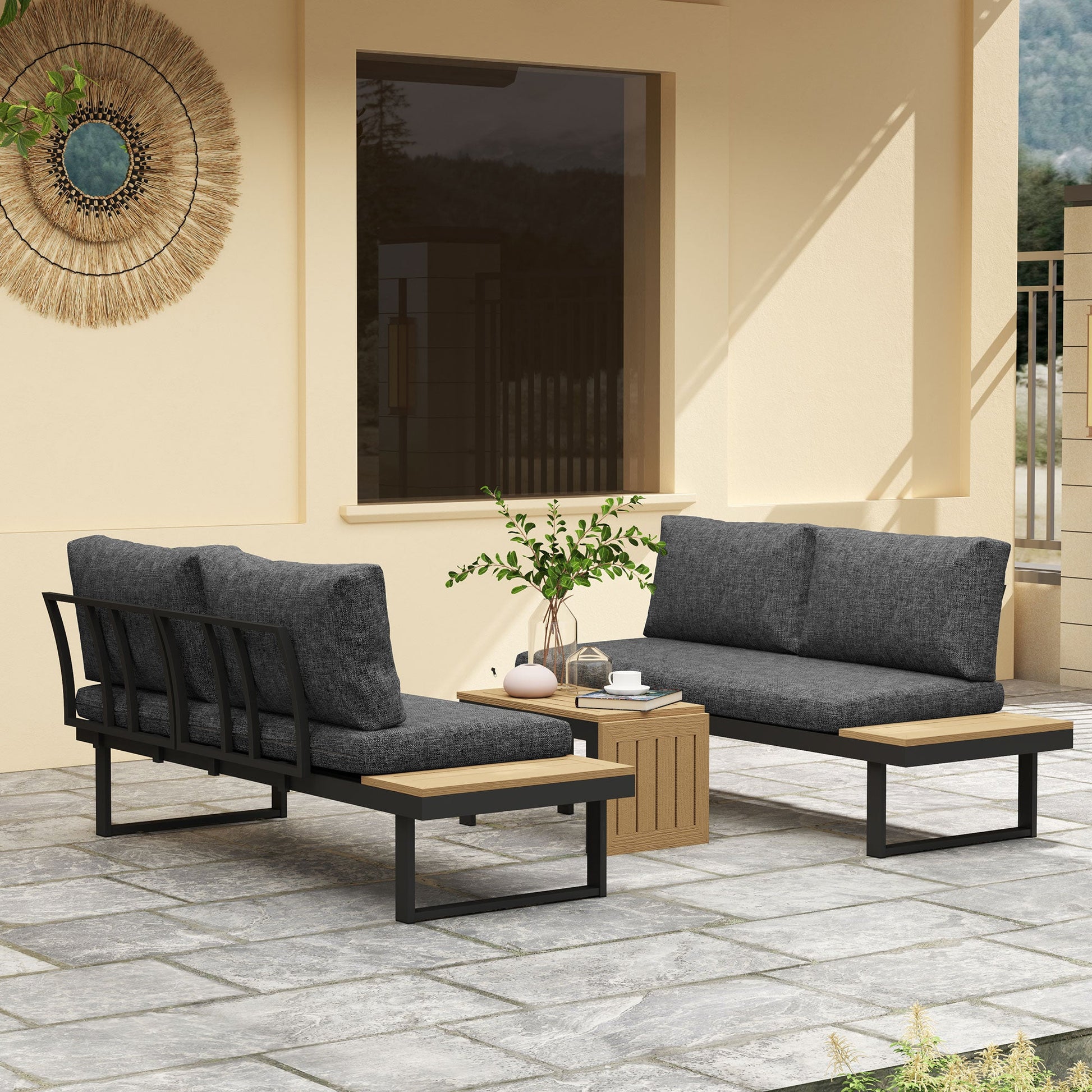 3 Pieces Sectional Patio Furniture Set with 2 Loveseats, WPC Coffee Table, L Shaped Aluminum Outdoor Sofa Set with Removable Backs, Thick Cushions, Charcoal Grey