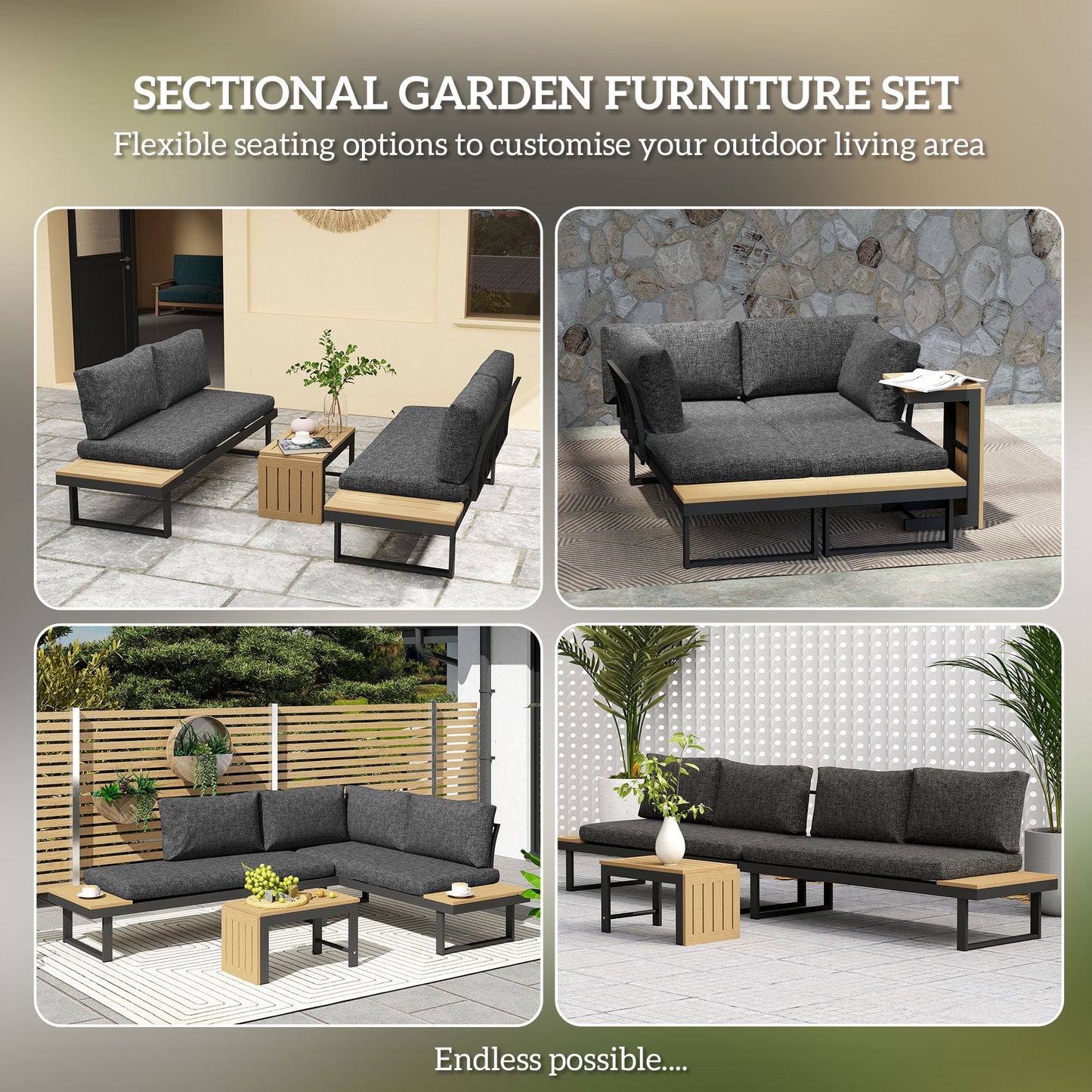 3 Pieces Sectional Patio Furniture Set with 2 Loveseats, WPC Coffee Table, L Shaped Aluminum Outdoor Sofa Set with Removable Backs, Thick Cushions, Charcoal Grey