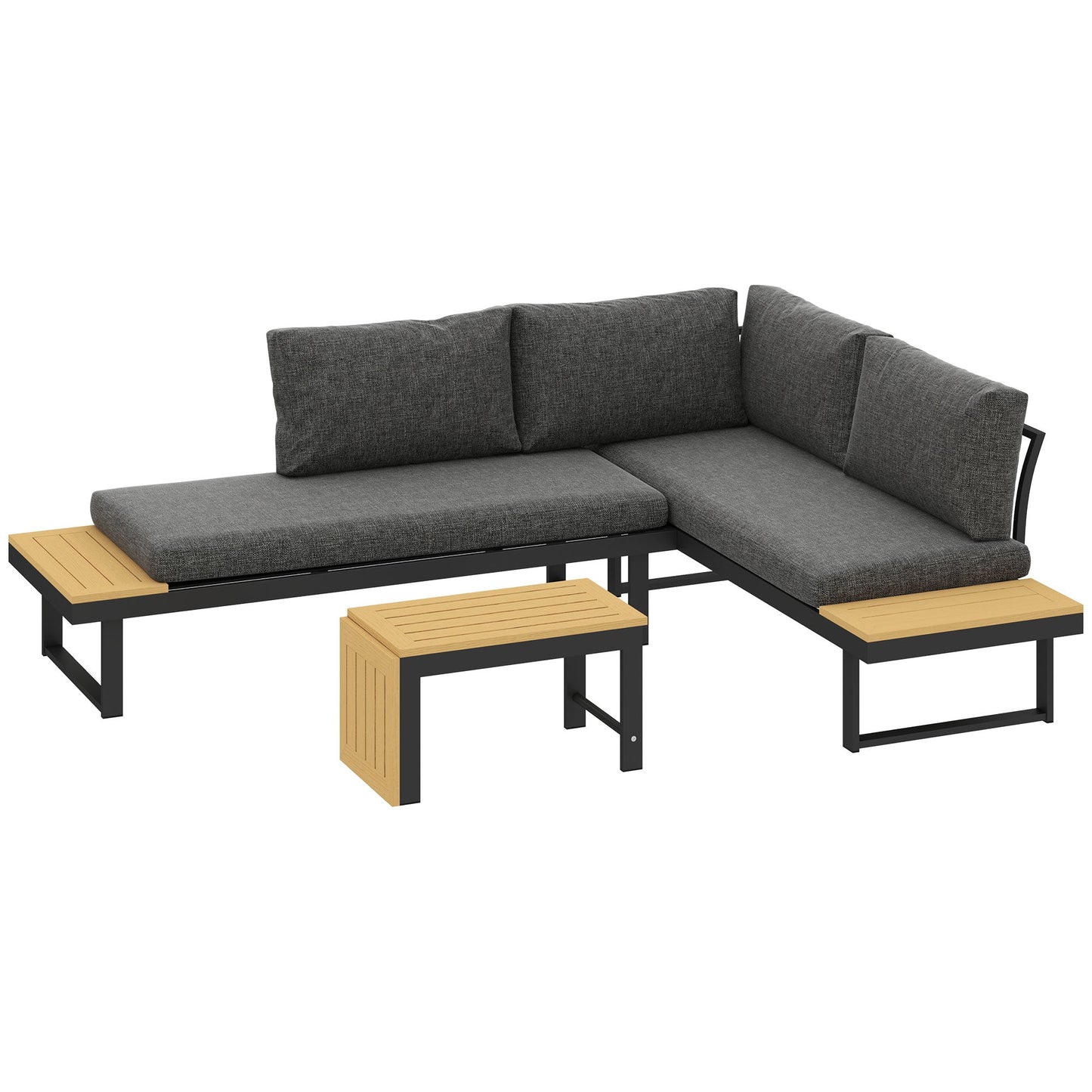 3 Pieces Sectional Patio Furniture Set with 2 Loveseats, WPC Coffee Table, L Shaped Aluminum Outdoor Sofa Set with Removable Backs, Thick Cushions, Charcoal Grey