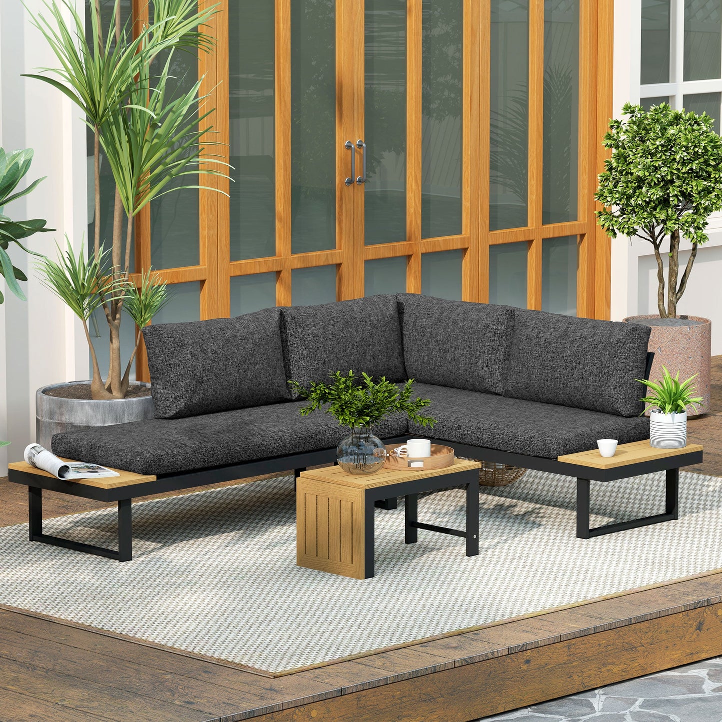 3 Pieces Sectional Patio Furniture Set with 2 Loveseats, WPC Coffee Table, L Shaped Aluminum Outdoor Sofa Set with Removable Backs, Thick Cushions, Charcoal Grey