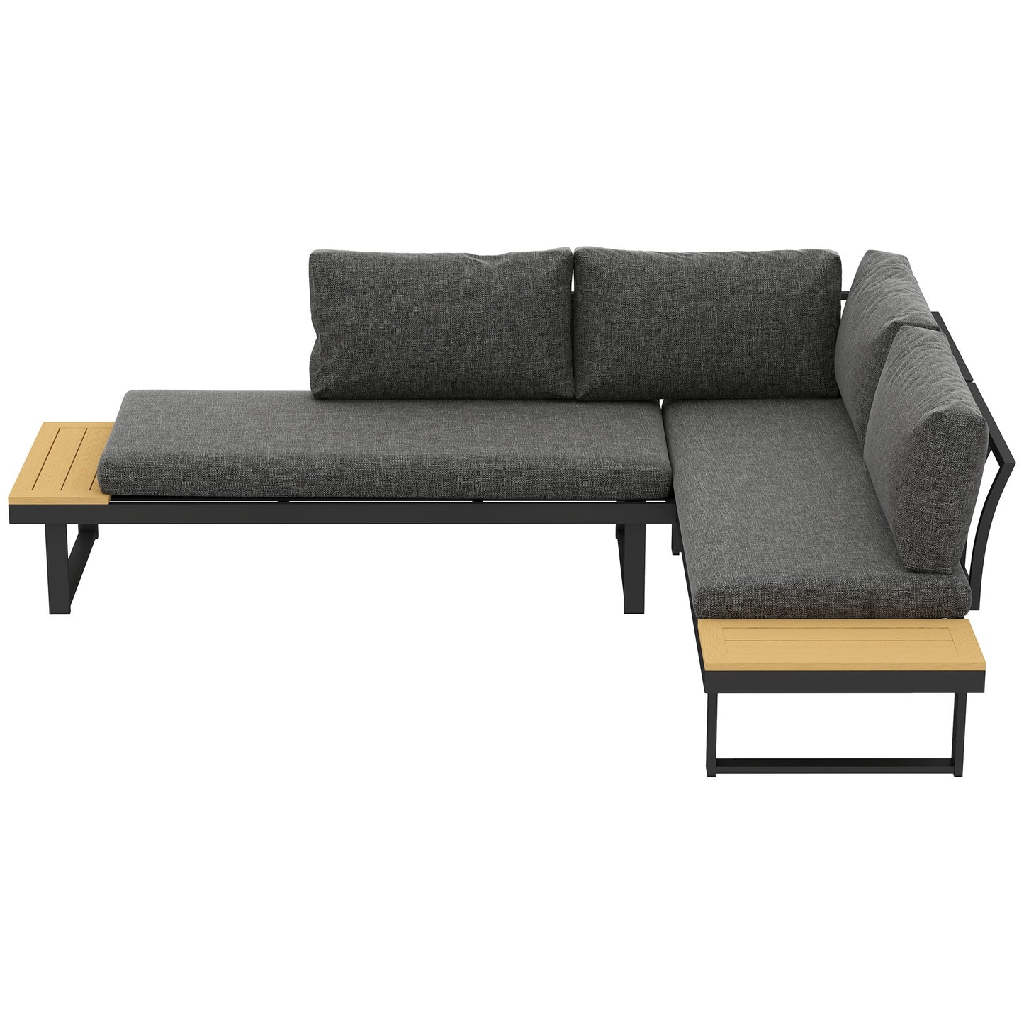 3 Pieces Sectional Patio Furniture Set with 2 Loveseats, WPC Coffee Table, L Shaped Aluminum Outdoor Sofa Set with Removable Backs, Thick Cushions, Charcoal Grey