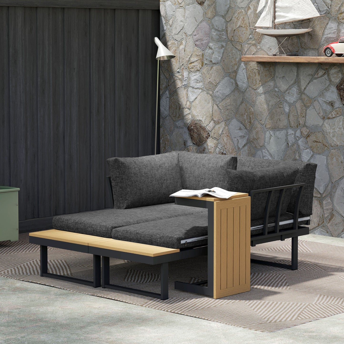 3 Pieces Sectional Patio Furniture Set with 2 Loveseats, WPC Coffee Table, L Shaped Aluminum Outdoor Sofa Set with Removable Backs, Thick Cushions, Charcoal Grey