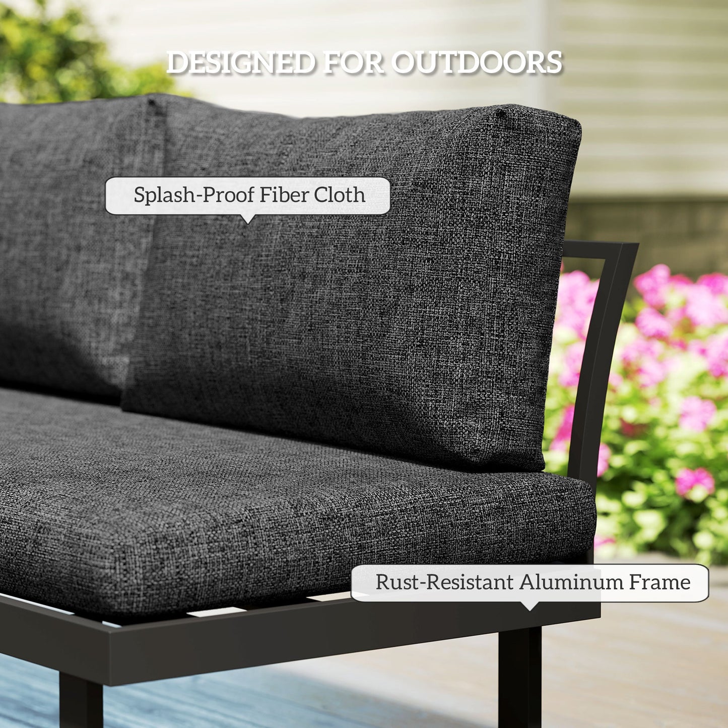 3 Pieces Sectional Patio Furniture Set with 2 Loveseats, WPC Coffee Table, L Shaped Aluminum Outdoor Sofa Set with Removable Backs, Thick Cushions, Charcoal Grey