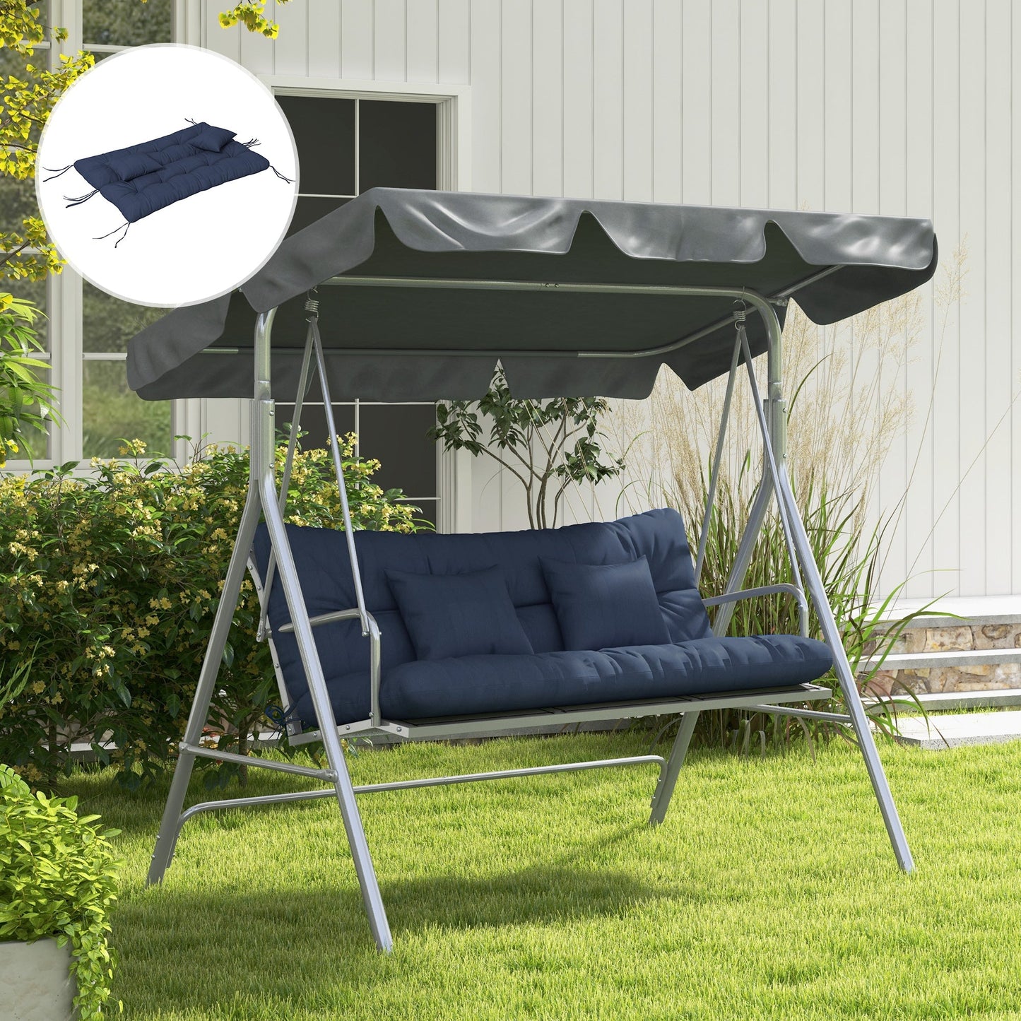 4-Piece Patio Chair Cushions Pillows with Back and Pillows, Seat Replacement Patio Cushions Set with Ties for Indoor Outdoor Garden Furniture, WITHOUT SWING, Navy Blue