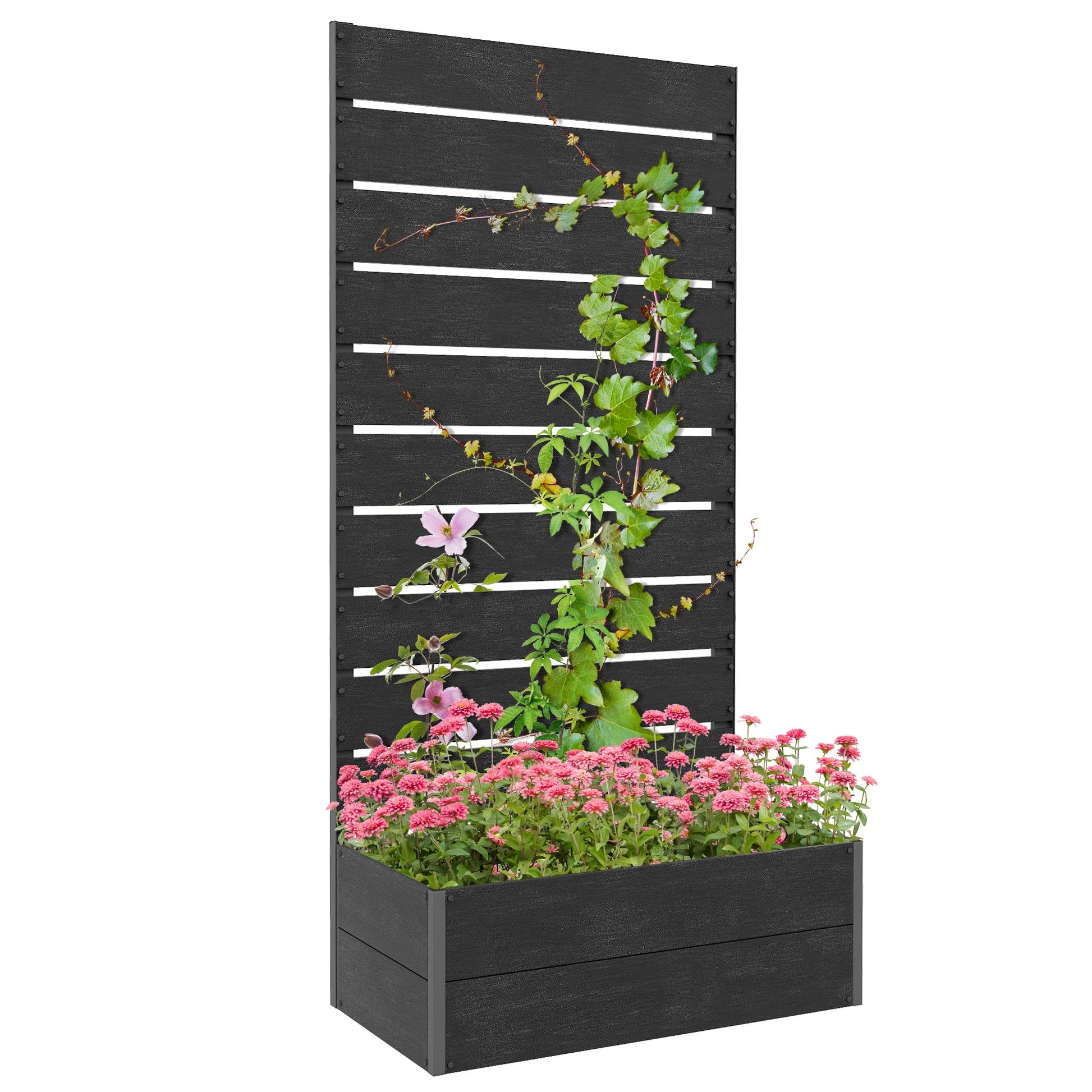 Raised Garden Bed with Trellis, 28" x 15" x 59" Freestanding Planter Box with Self Draining Gap, Elevated Planter for Climbing Vines, Flowers, Vegetables, Black