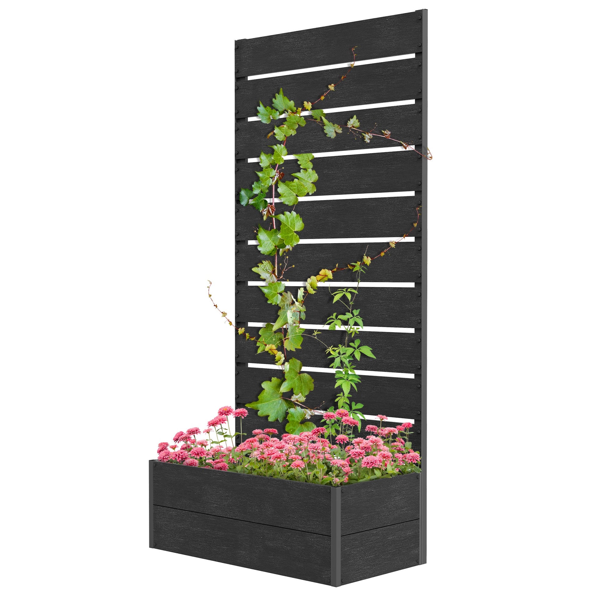 Raised Garden Bed with Trellis, 28" x 15" x 59" Freestanding Planter Box with Self Draining Gap, Elevated Planter for Climbing Vines, Flowers, Vegetables, Black